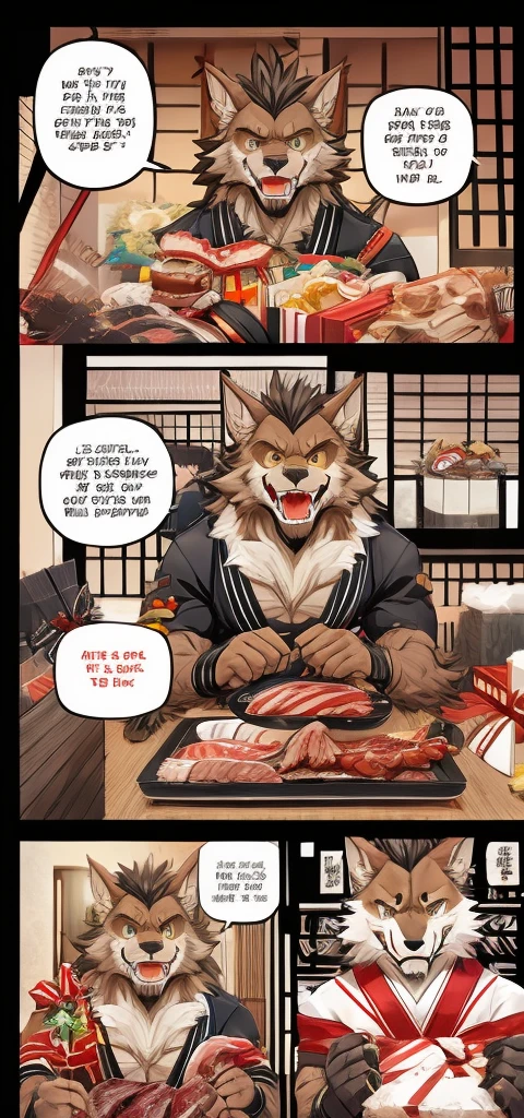 Color Comics、Japanese Manga、Cute werewolf talking about gifts、Birthday werewolf story、A four-panel comic about giving delicious meat as a gift、Delicious meat dishes as gifts、Happy Face、Your smile is cute、Cartoon werewolf talking about meat、