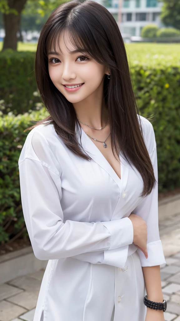 Beautiful Japanese woman, beautiful face, masterpiece, HD, photorealistic, smiling, seductive, office wear, wearing office clothes, tight shiny silk button blouse, pleated silk skirt, formal, physics based rendering, large breasts, satin skirt, satin pleated skirt, wavy hair,