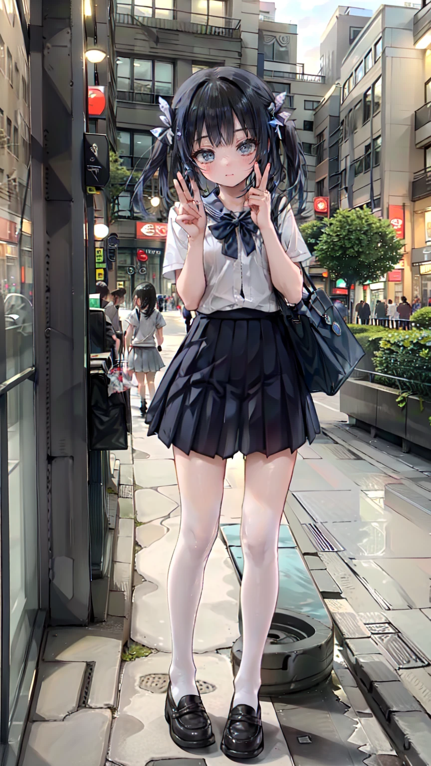 Long hit,Ground Shot, Ground Shot,Glowing Skin, High image quality, masterpiece,beautiful girl, Conclusion, 1peopleの女の子, Gray Hair, short hair, Straight bangs, blue eyes hair band, Hair Ribbon, Black Ribbon, black bowtie, White shirt, Colored Shirt, Green vest, Green Skirt, socks, Not wearing underwear,Personal, (Very beautiful face,,Blushing),young,break,(Sexy pose:1.3),Top-down bottom-up, Lift up your skirt,break,Shopping street in the daytime,(people々Surrounded by, (多くのpeopleに驚かれ注目された))