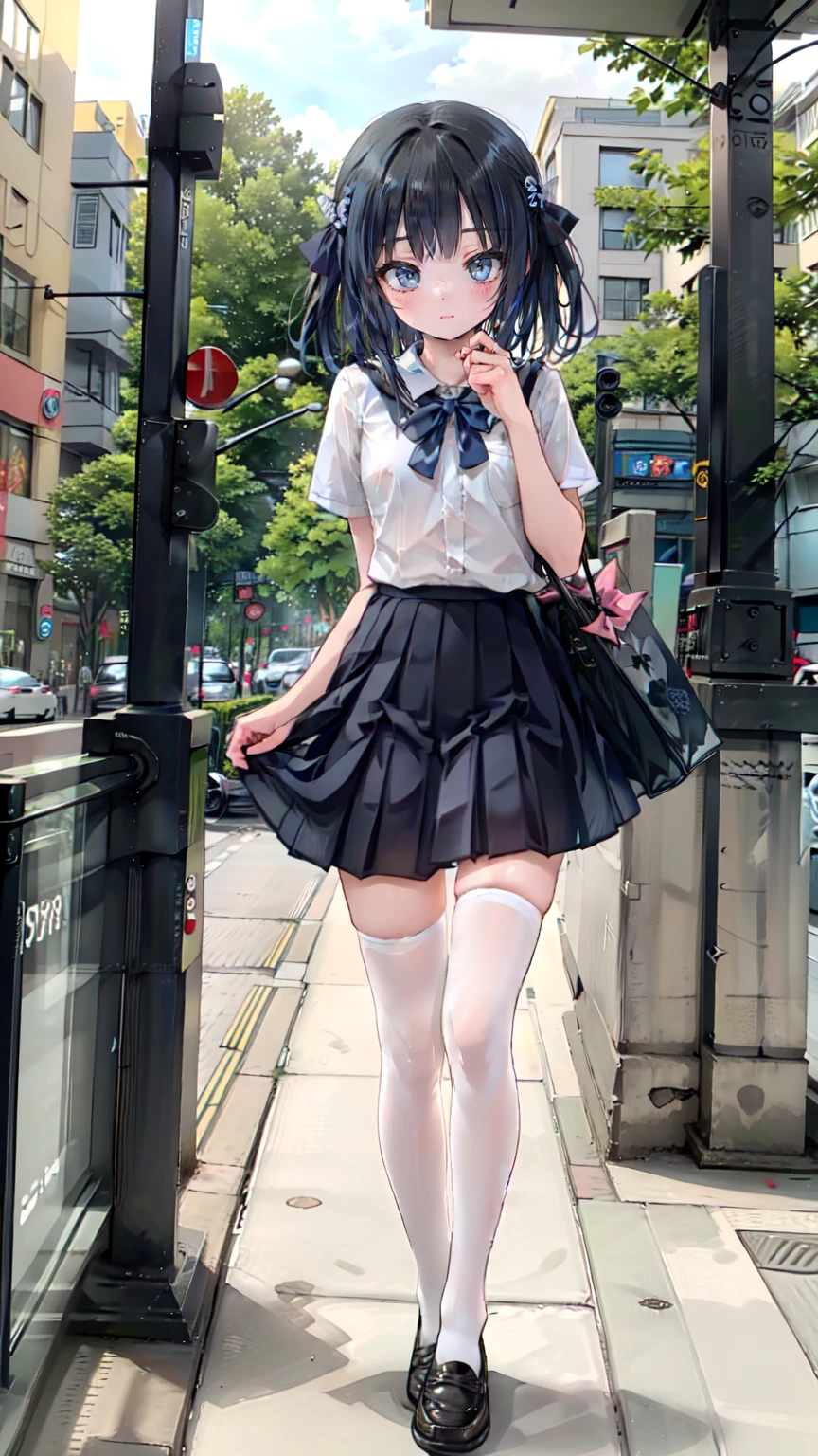 Long hit,Ground Shot, Ground Shot,Glowing Skin, High image quality, masterpiece,beautiful girl, Conclusion, 1peopleの***, Gray Hair, short hair, Straight bangs, blue eyes hair band, Hair Ribbon, Black Ribbon, black bowtie, White shirt, Colored Shirt, Green vest, Green Skirt, socks, Not wearing underwear,Personal, (Very beautiful face,,Blushing),young,break,(Sexy pose:1.3),Top-down bottom-up, Lift up your skirt,break,Shopping street in the daytime,(people々Surrounded by, (多くのpeopleに驚かれ注目された))