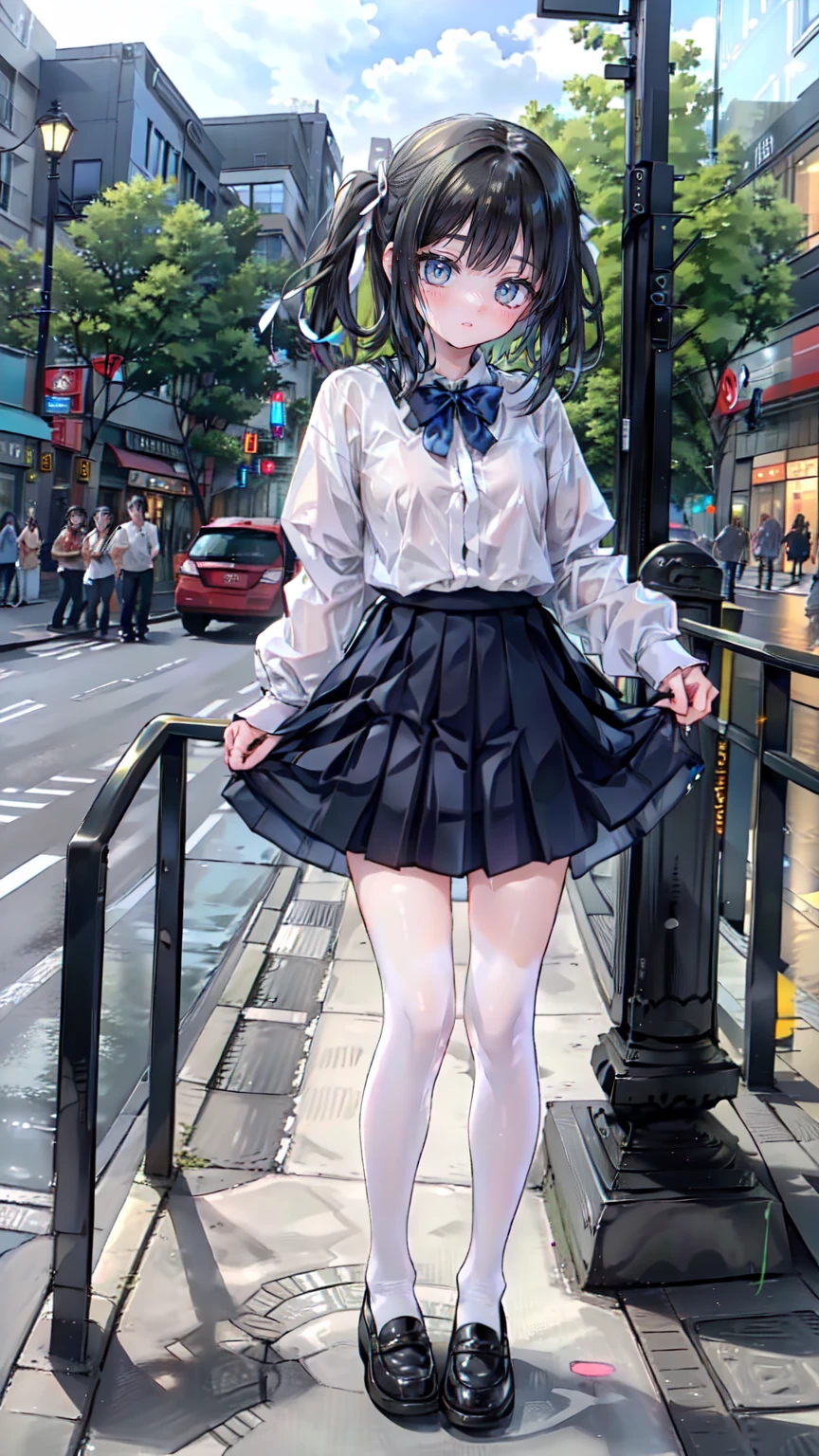 Long hit,Ground Shot, Ground Shot,Glowing Skin, High image quality, masterpiece,beautiful girl, Conclusion, 1peopleの女の子, Gray Hair, short hair, Straight bangs, blue eyes hair band, Hair Ribbon, Black Ribbon, black bowtie, White shirt, Colored Shirt, Green vest, Green Skirt, socks, Not wearing underwear,Personal, (Very beautiful face,,Blushing),young,break,(Sexy pose:1.3),Top-down bottom-up, Lift up your skirt,break,Shopping street in the daytime,(people々Surrounded by, (多くのpeopleに驚かれ注目された))