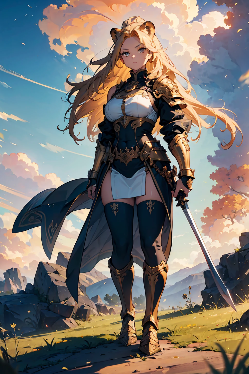 (blonde, long hair), (blue eyes: 1.1), gentle smile, feminine, (medieval monster hunter outfit: 1.1), smooth skin, (slender figure), (emphasized thighs: 1.1) , (best quality, high resolution), portrait.  (best quality, 4k, 8k, high resolution, masterpiece: 1.7),