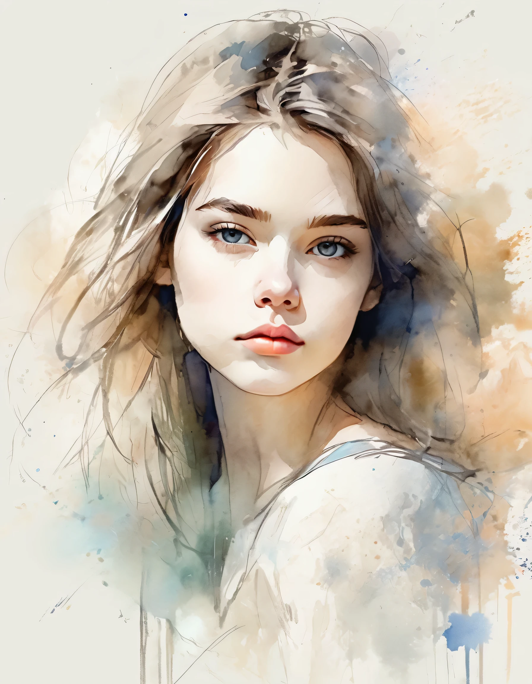 Digital art, artwork, beautiful sketch of a girl, gaze at the viewer, upper body, rough drawing drawn with minimal strokes, pale coloring with watercolor