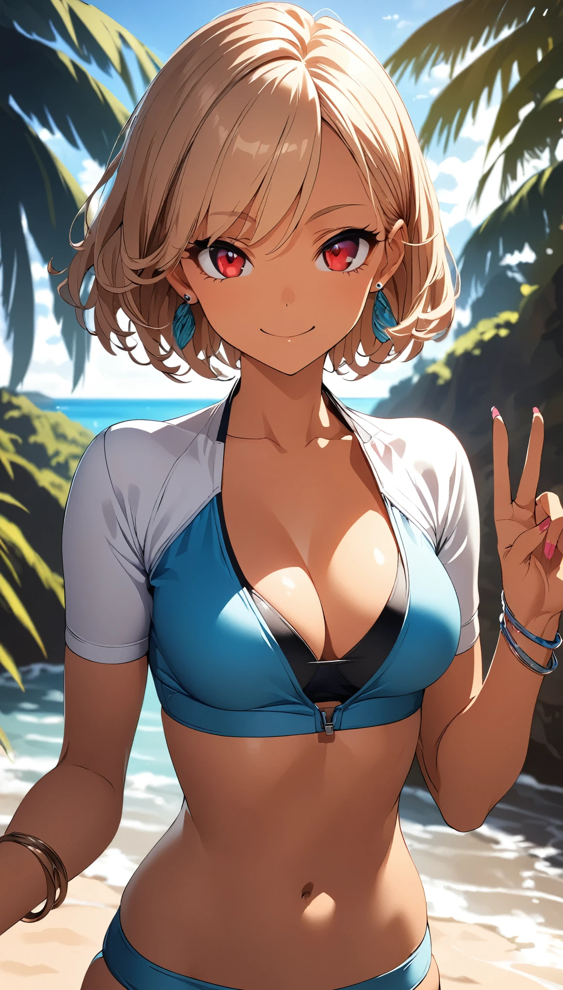 Tanned swimsuit girl, Light brown hair, Red Eyes, bikini, Mid-chest, Rash guard, Earrings, bracelet, Pink Nails, sexy, Tropical coastal environment, Staring at the audience, slouch, smile, V above the eyes, Shallow depth of field, Background Blur, Tempting, (Best Quality:1.2, Very detailed, Anime Style, Detailed CG illustration, Ultra-high resolution, High Contrast, masterpiece:1.2, Best aesthetics), Visual Arts, Five fingers, Perfect hands.