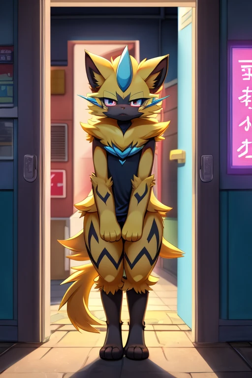 1girl, 1, zeraora, furry, anime, looking at viewer, detailed street background, evening, standing in the doorway, sad cat face, shy pose,, widely opened sad eyes, blush, pokemon, yellow fur with milticolor parts, anthropomorphic character, clothed