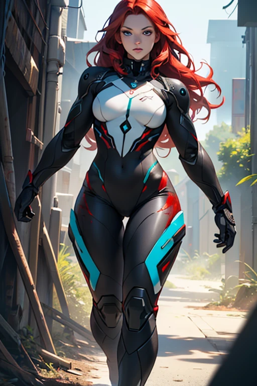Beautiful cybernetic girl detailed muscles realistic masterpieces full figure pose (best quality,ultra-detailed), red hair, fair skin, fit body, slim figure, narrow waist, large buttocks, (cocky expression), wearing a carbon fiber nano suit