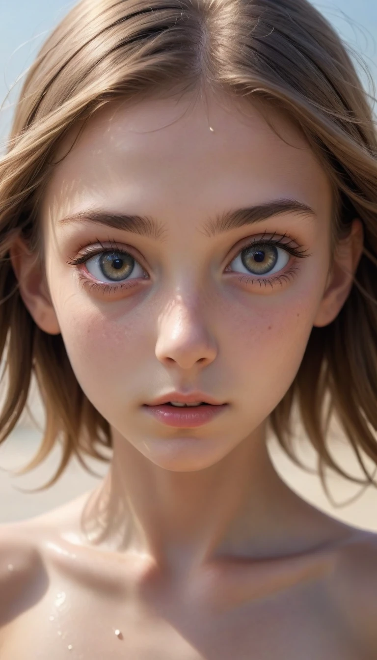 Highest quality, RAW Photos, Realistic, face, Incredibly beautiful girl, cute，Written boundary depth, High resolution, Super detailed, detailed, Very detaileded, extremely detaileded eye and face, Sharp pupils, Realistic students, Sharp focus, Cinema Lighting, masterpiece, Highest quality, detailed skin, Detailed face, fine grain, 8k, Excellent anatomy, a cute young short skinny fit girl, sexy teen, petit body, small head, cute, Realistic anatomy, looks like 14yo, flat chest, dark blonde, perfect bright eyes, Very beautiful eyes, (Symmetrical eyes:1.3), natural beauty, messy wet long hair, shy, morning, naked, perfect cute face, beautiful morning sun, playing in beach, full body view, full body pose