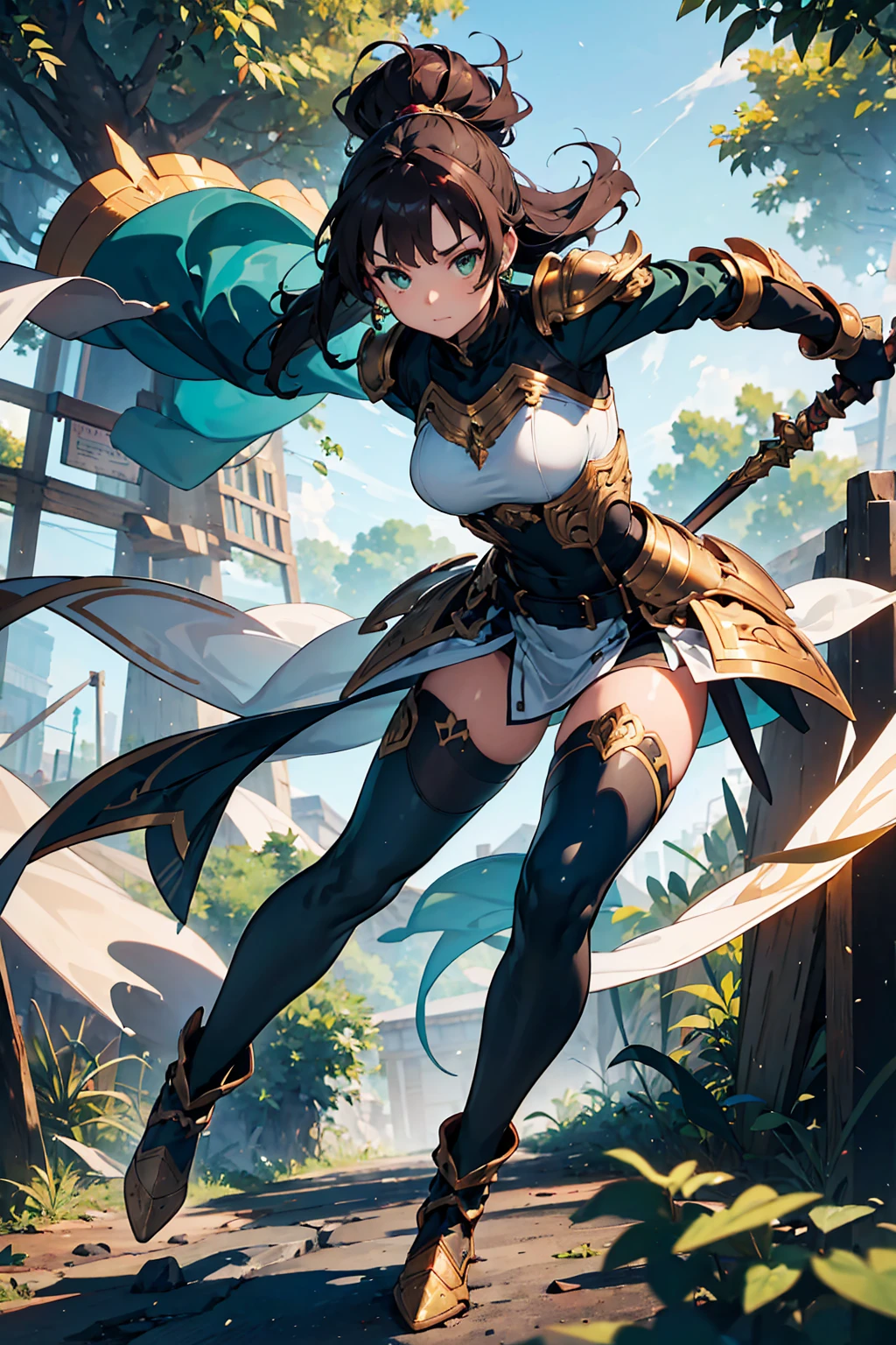 masterpiece, best quality, solo focus, 1girl, 22 years old, brown hair, (wavy hair, short hair), gold headband, purple eyes, beautiful detailed eyes, (gold medieval armor), (eagle (symbol) on chest), gauntlets, (leotard, black leotard, matching leotard, bare legs), (thighhigh leggings, boots, matching boots), standing, legs straight, perfect hands, (holding broad sword), mountain base backdrop, (ruined castle, ruins), solo, (perfect anatomy), (full body shot), cowboy shot.