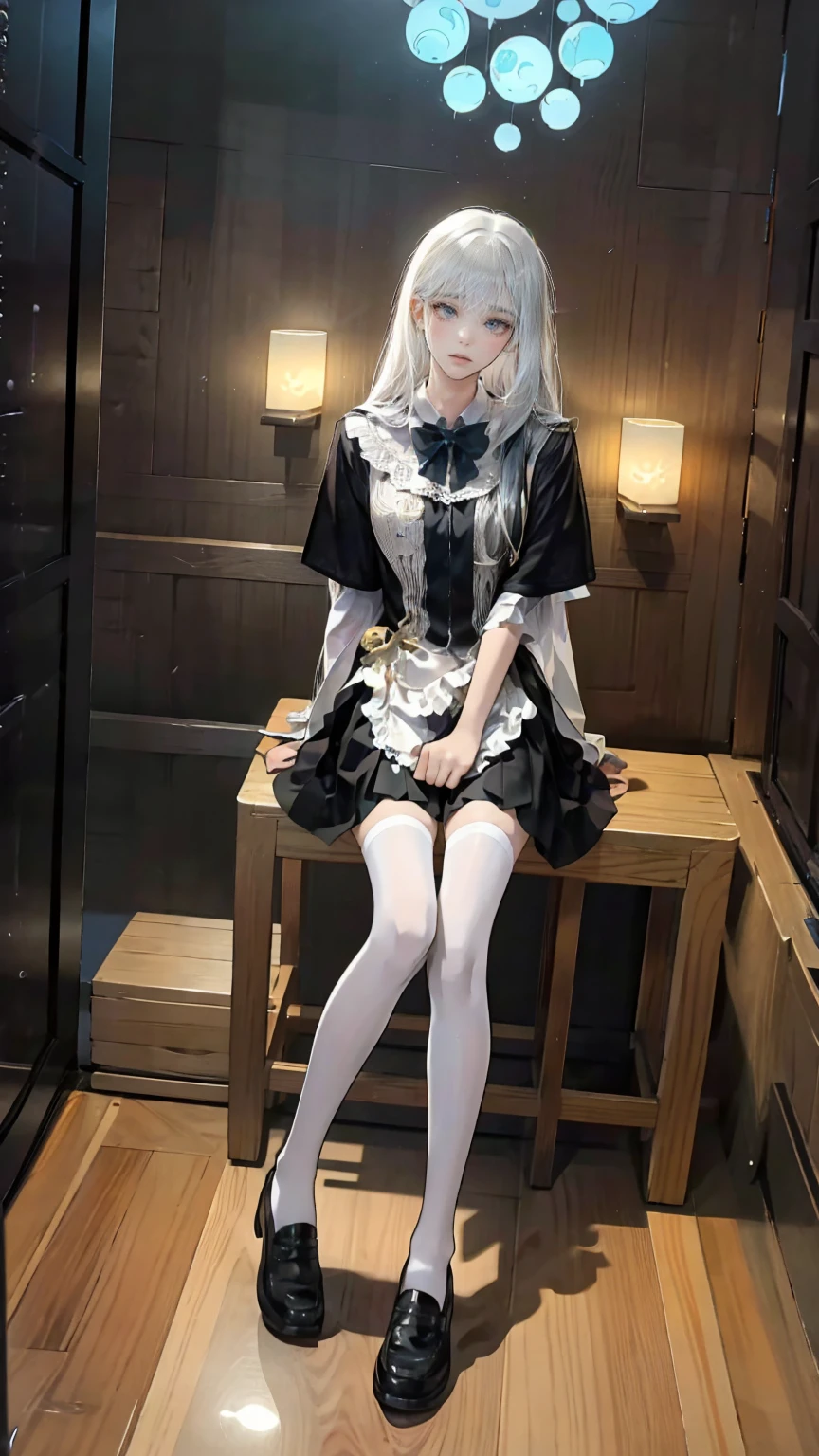 High resolution, extremely detailed, realism, palace, throne, loli, young girl, ((twin drills)), silver hair, curly hair, an innocent and cute -year-girl,incess dress, white stockings,