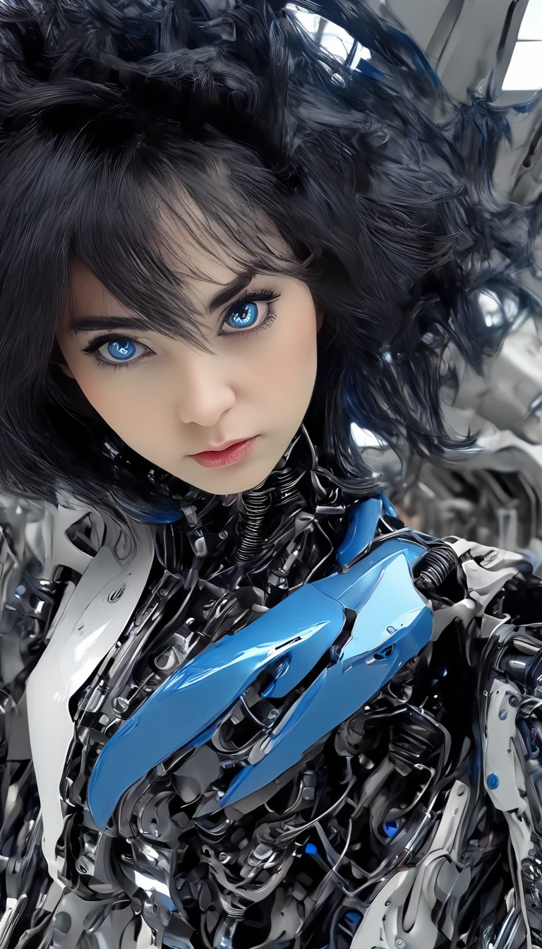 woman, Mechanical Blue Body ，Best Quality, masterpieceUltra HD, 8k,Futuristic spaceship interior，サイバーブルースーツを着たwoman，Black Hair，青 eyes，Shortcuts, Best Quality, High resolution, Ultra HD, blue eyes, 