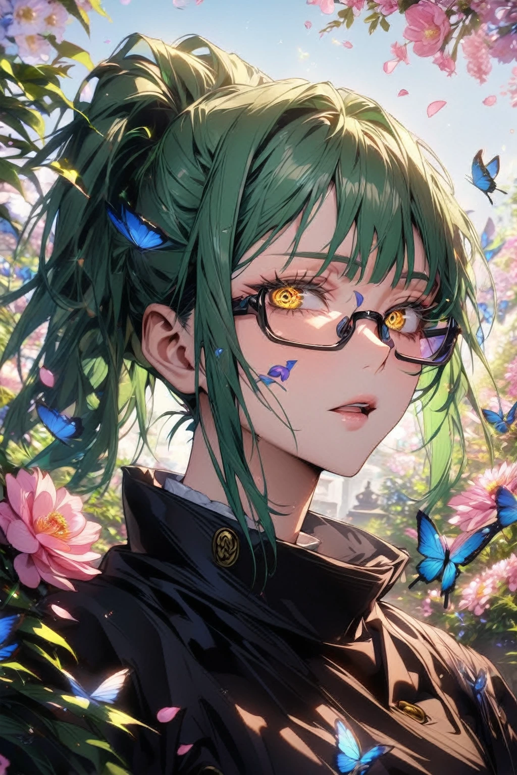 absurdres, highres, ultra detailed, HDR, master piece, Zenin Maki, green hair, expressive yellow eyes, rectangular glasses, woman, best quality, Jujutsu Kaisen, solo, sensual, extremely beautiful, petals, black clothes, detailed face, glittering eyes, detailed eyes, garden, accessories, blue butterflies, pink flowers, petals