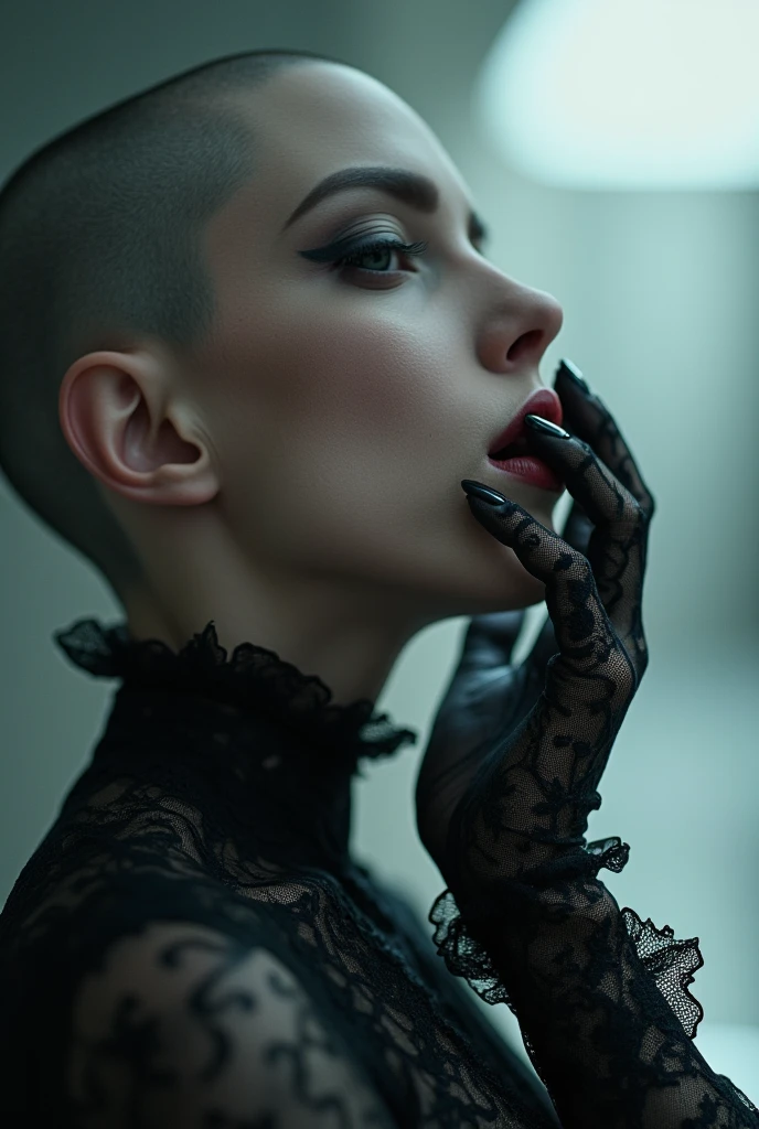 under pale moonlight insane detail, insane cinematic morbid of a goth , her lace gloves black with patterns, caressing her lips tracing along her face, beckoning to flow cascading her touch is soft delicate and elegantly sensual, (her bald head glistening) under the pale moon
