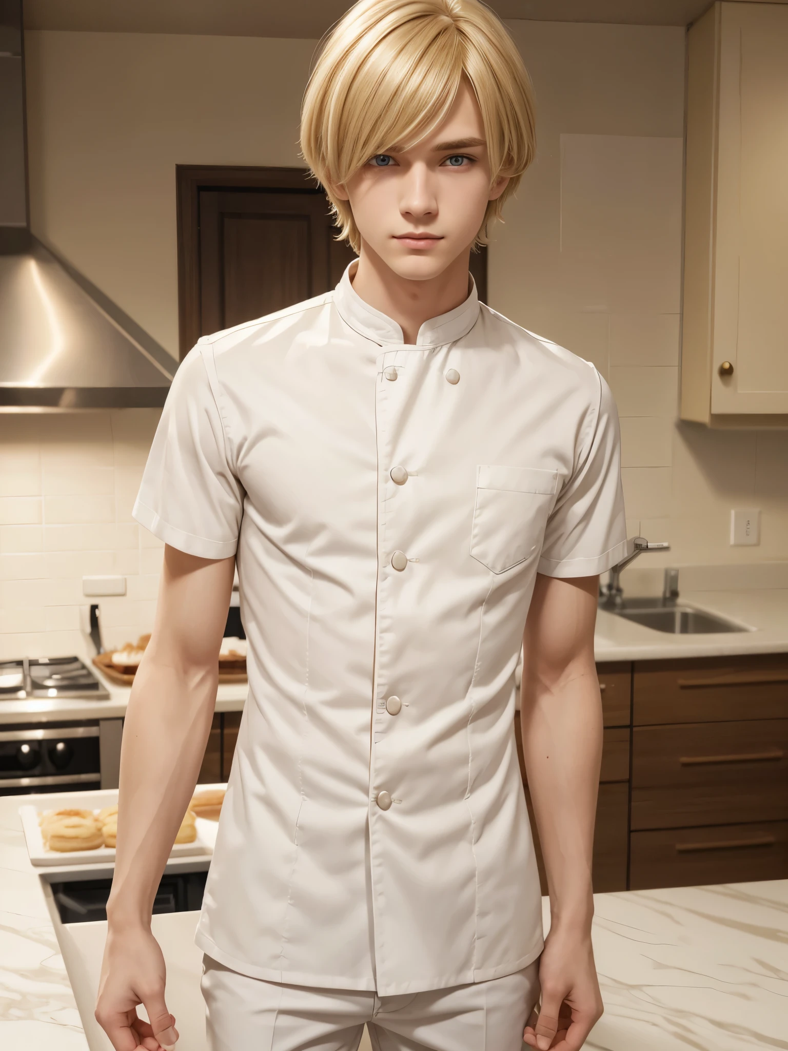 (best quality), 1boy, male, porcelain skin, blonde hair, medium hair, straight hair, side swept bangs, brown eyes, perfect eyes, patissier uniform, skinny body, masterpiece, anatomically correct, highres