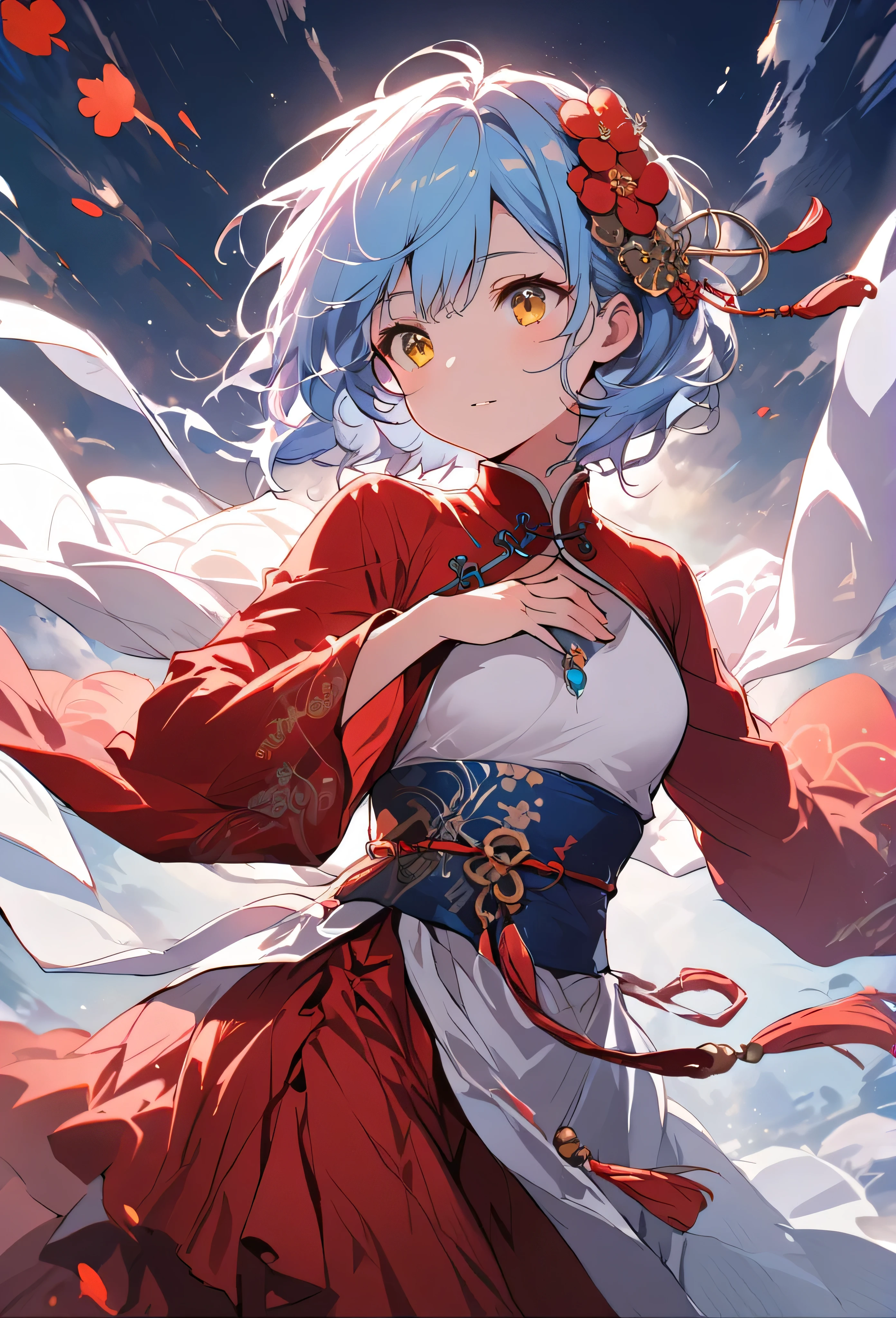 ((masterpiece,highest quality)),One girl,Beautiful fine details, detailedな顔, (whole body:1.2), 1 girl, solo,a girl,
With light blue hair and yellow eyes wearing : 

"A young girl wearing a JEQHOZ Traditional Chinese Tang Dress in a mesmerizing blend of red, white, and blue. The top is a pure white tulle chiffon with flowing, wide sleeves that drape gracefully down her arms. Delicate red embroidery of floral patterns runs along the cuffs and neckline, adding a vibrant contrast. The skirt is layered, with an elegant gradient from deep blue at the waist fading into soft red near the hem, creating a striking yet harmonious balance of colors.

Her waist is cinched with a broad red sash, tied into a delicate bow at her back, accentuating her silhouette. The dress features intricate details, like subtle floral patterns woven into the blue fabric, giving it a refined texture. She wears simple yet elegant accessories — a silver hairpin adorned with a red tassel, which sways gently as she moves, and a small jade pendant resting on her chest.

She strikes a graceful pose, one foot slightly forward, as if mid-step, with one hand lightly touching her flowing sleeve and the other raised, holding a folded silk fan decorated with blue and red floral designs. Her head is slightly tilted, her eyes softly gazing forward with a serene and confident expression, giving off an air of elegance and timeless beauty."Faetastic.