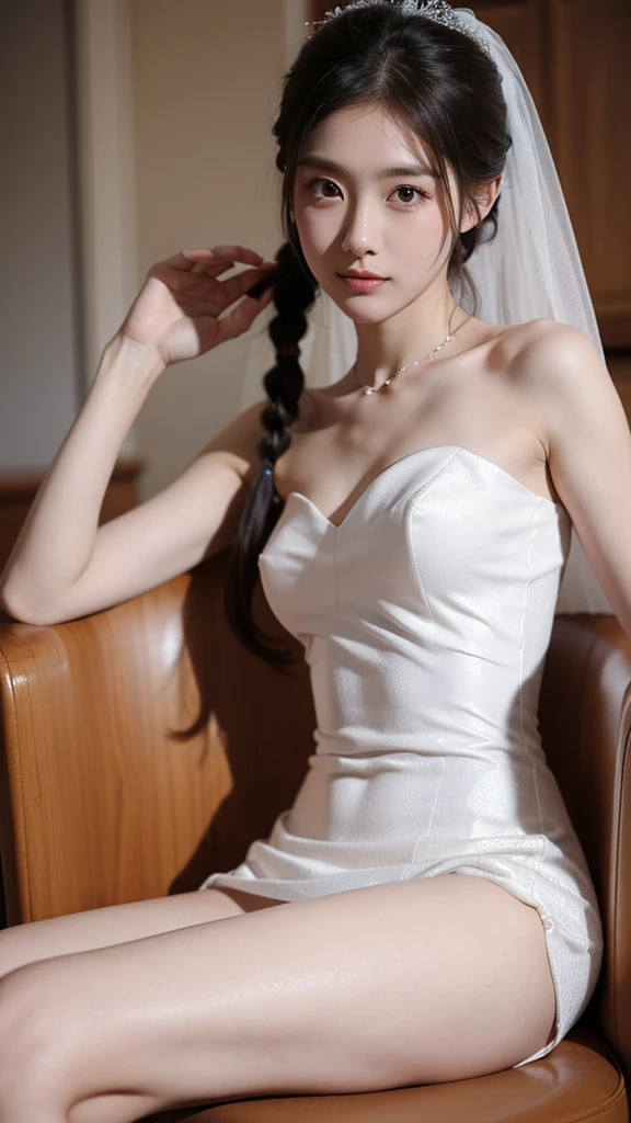 (Photorealistic),(Masterpiece),(ultra-detailed),a close shot of a tall very beautiful and extremely thin girl who is literally just skin and bones because of being severely malnourished and looks so fragile and delicate and has large expressive eyes and very small head, can see all her bones,she has very small and thin body frame and legs,extremely slender build, sitting on a chair, wearing a long white full loose silky flowing dress like a fairy, a waistband on the dress, already large eyes accentuated with makeup,sunken cheeks