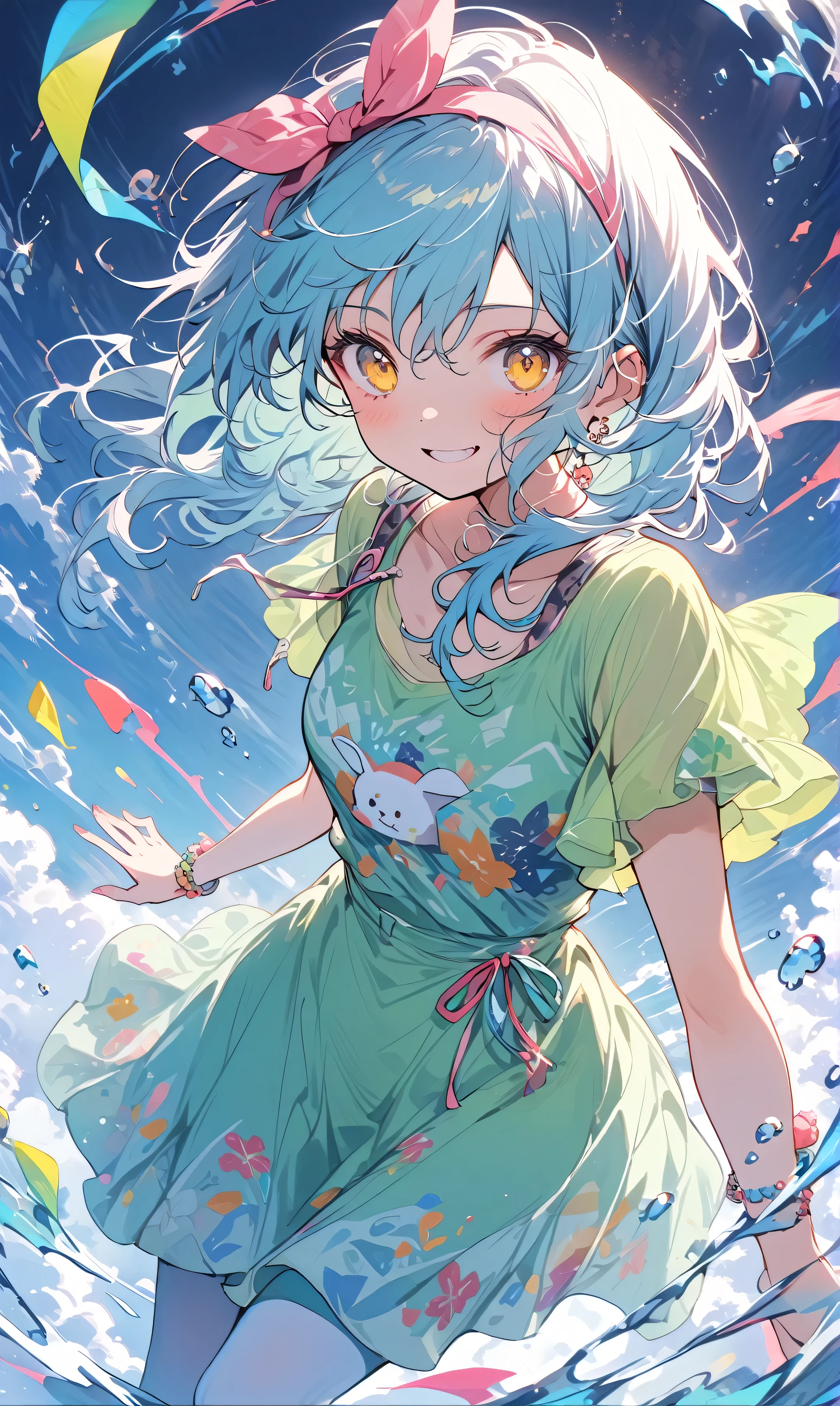 ((masterpiece,highest quality)),One girl,Beautiful fine doccasionsetails, detailedな顔, (whole body:1.2), 1 girl, solo,a girl with light blue hair and glowing yellow eyes while looking at viewer, wearing an outfits which include a mix of summer dresses with floral prints, comfortable (leggings/pantyhose) with fun geometric designs, and cute graphic tees showcasing whimsical characters. Accessories include matching headbands and light cardigans for layering. The color palette includes pastel pinks, soft yellows, and mint greens, with a few bold accents like bright red and deep purple. Each outfit is comfortable, stylish, and perfect for both casual wear and special occasions." Faetastic.  🔵 Blue colour
