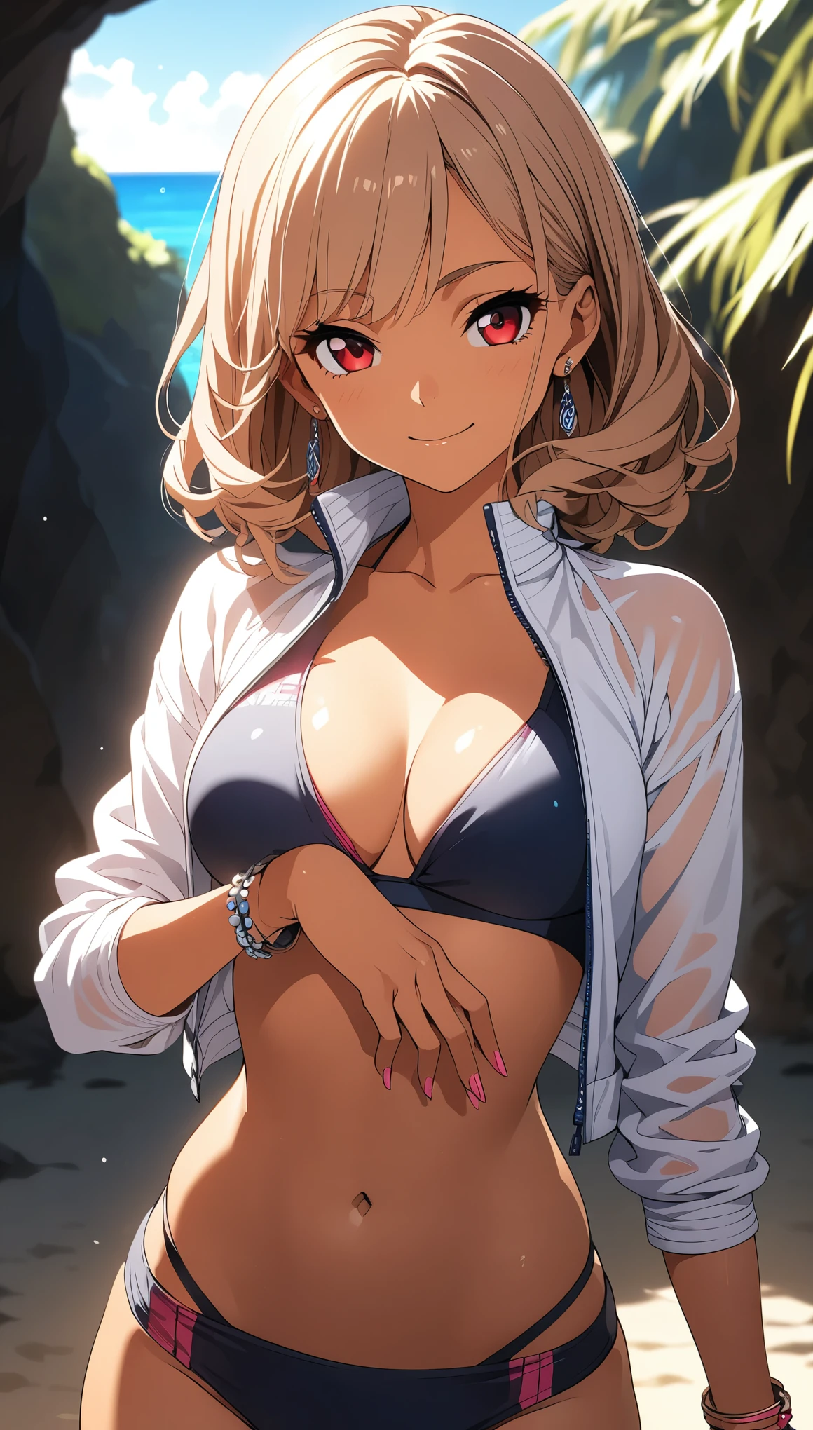 Tanned swimsuit girl, Light brown hair, Red Eyes, bikini, Mid-chest, Rash guard, Earrings, bracelet, Pink Nails, sexy, Tropical coastal environment, Staring at the audience, slouch, smile, sexyポーズ, Shallow depth of field, Background Blur, Tempting, (Best Quality:1.2, Very detailed, Anime Style, Detailed CG illustration, Ultra-high resolution, High Contrast, masterpiece:1.2, Best aesthetics), Visual Arts, Five fingers, Perfect hands.