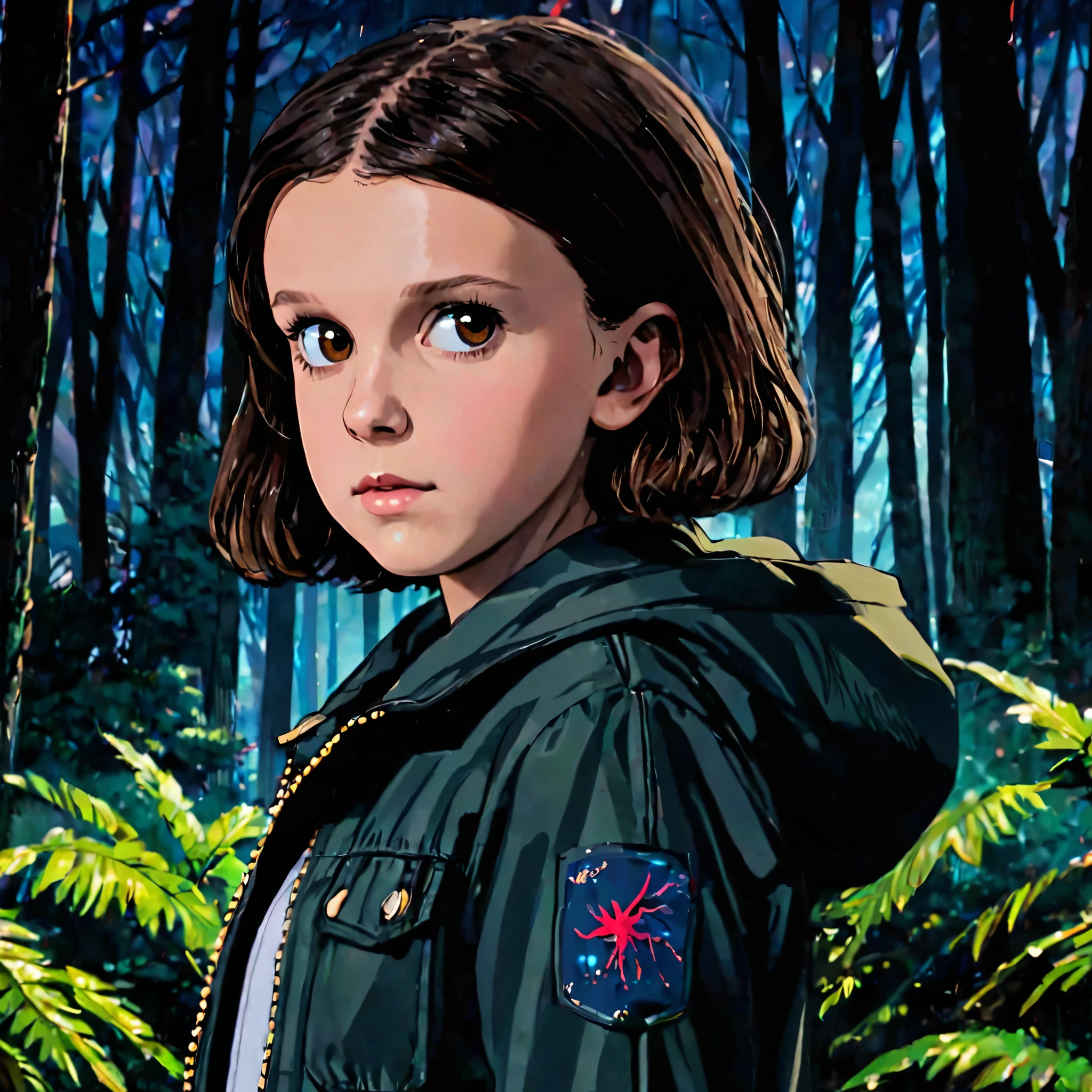 milli3 woman, millie bobby brown, stranger things, 
1 girl wearing a jacket, netflix, eleven, in a dark forest, front view