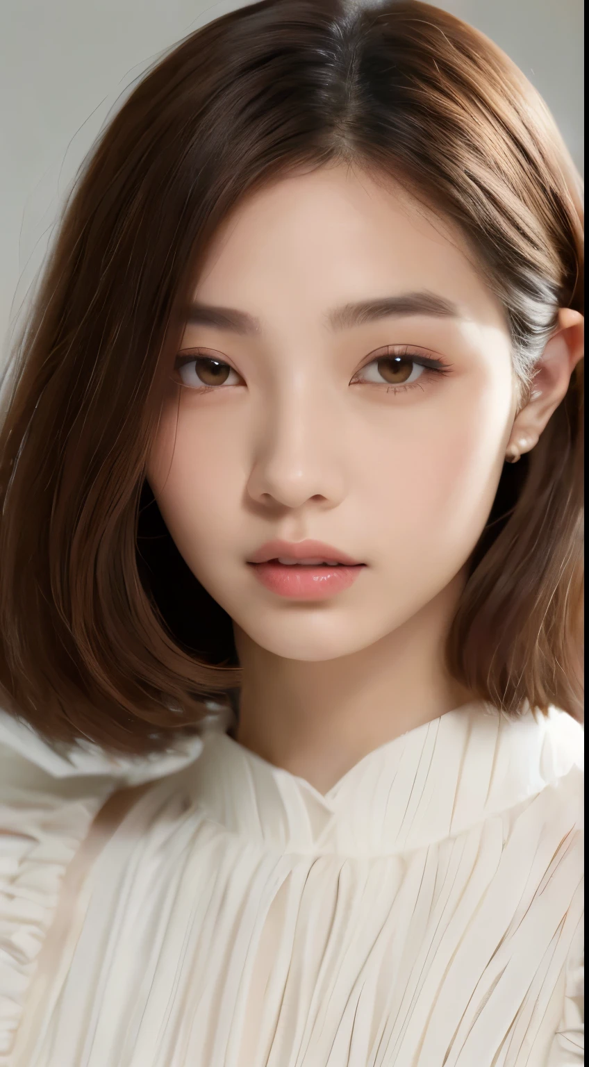 one beautiful Japanese model ,Unique hair details, Dior blouse, frill white pattern, Near future, Curvilinear details , detailed eyes, double eyelid, plump lips, Two-Tier Inverted shaggy hair, professional makeup, hyper res