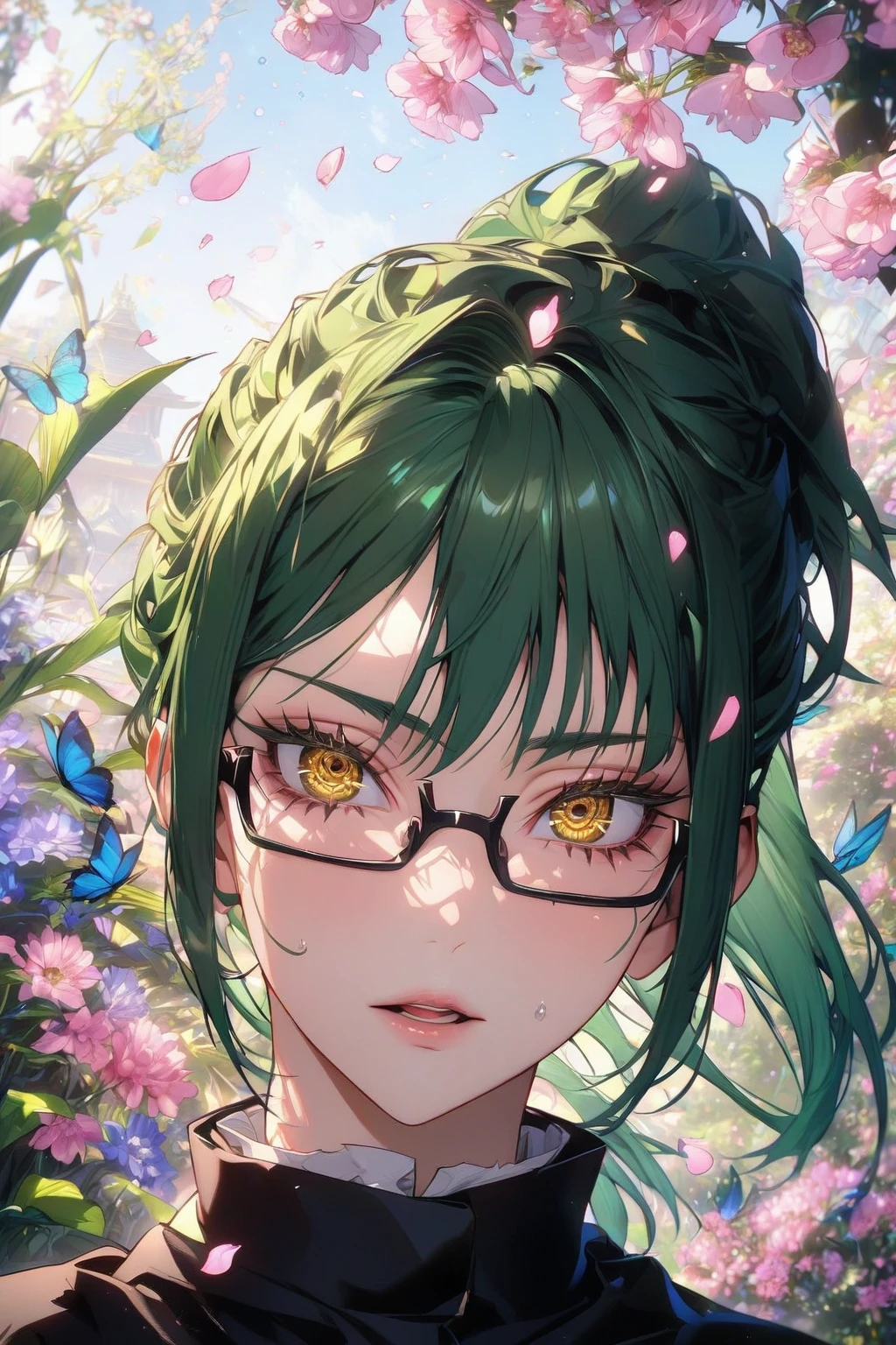 absurdres, highres, ultra detailed, HDR, master piece, Zenin Maki, green hair, expressive yellow eyes, rectangular glasses, woman, best quality, Jujutsu Kaisen, solo, sensual, extremely beautiful, petals, black clothes, detailed face, glittering eyes, detailed eyes, garden, accessories, blue butterflies, pink flowers, petals