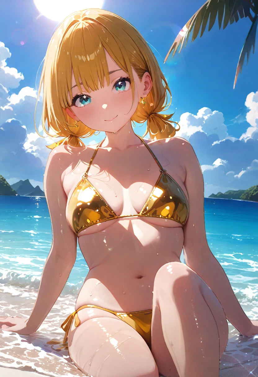 1girl, ryza, wearing yellow bikini, beach, absurdres, high res, ultrasharp, 8K, masterpiece, looking at viewer
