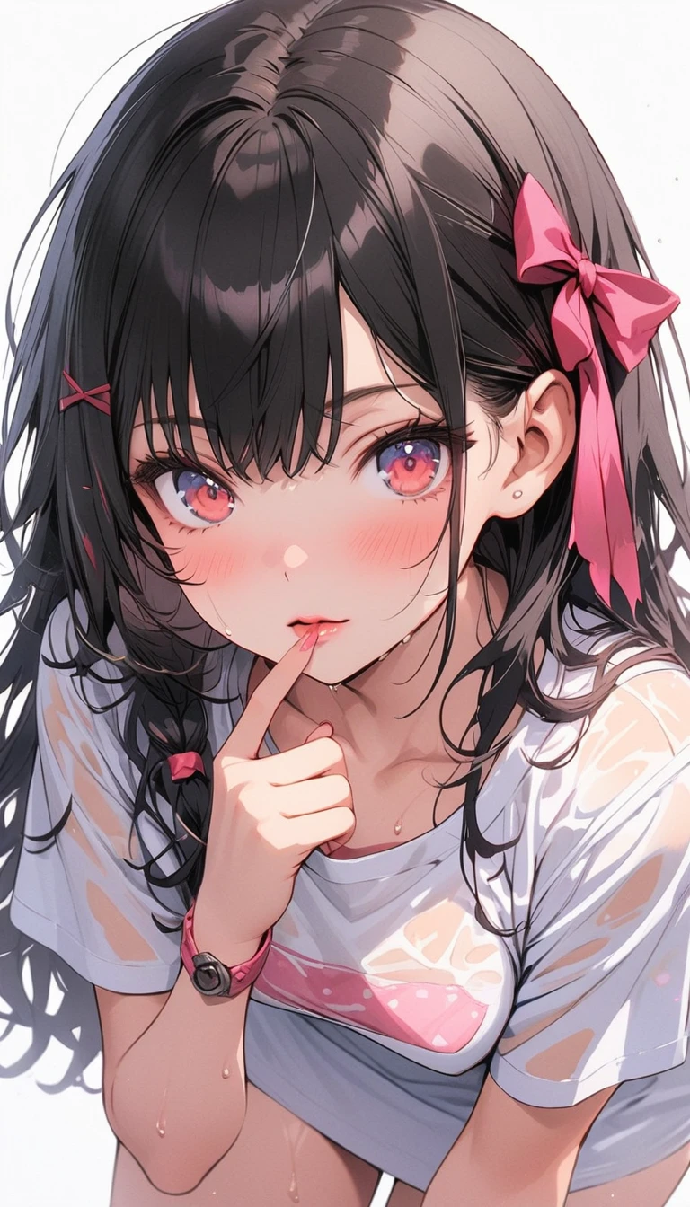 looking at viewer,looking up,from above,upper body,1girl,lick,finger to mouth,Beautiful 14 year old girl,Japanese,Slender,,low length,Small breasts,Baby Face,Small face,Black Hair,Short Twin Tails,Gray Eyes,slit pupils,Drooping eyes,middle School girls,Sheer black and pink negligee,lingerie,open mouth,tongue out,front face,Straight Stand,Beautiful and detailed anime art,Mischievous smile,Sexy vibe,cum on tongue,Dimly lit room,Simple Background,Gray background,Low lighting