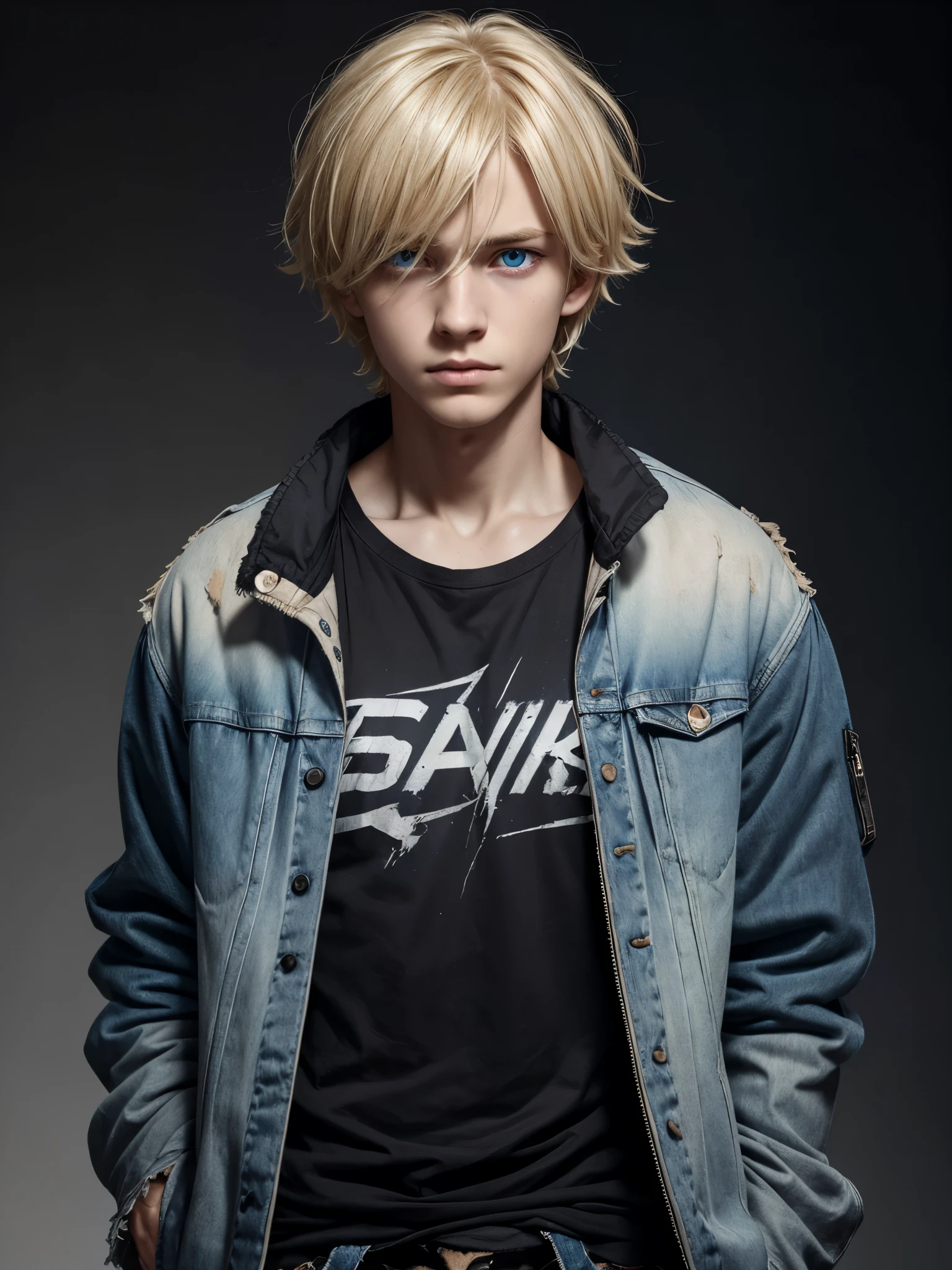 (best quality), 1boy, young boy, pale skin, (blonde hair), ((black ombre)), short hair, messy hair, messy bangs, hair over eyes, (dark blue eyes), perfect eyes, dark circles under eyes, scar over lip, scrawny body, scowl, oversized jacket, tattered shirt, ripped jeans, masterpiece, anatomically correct, highres
