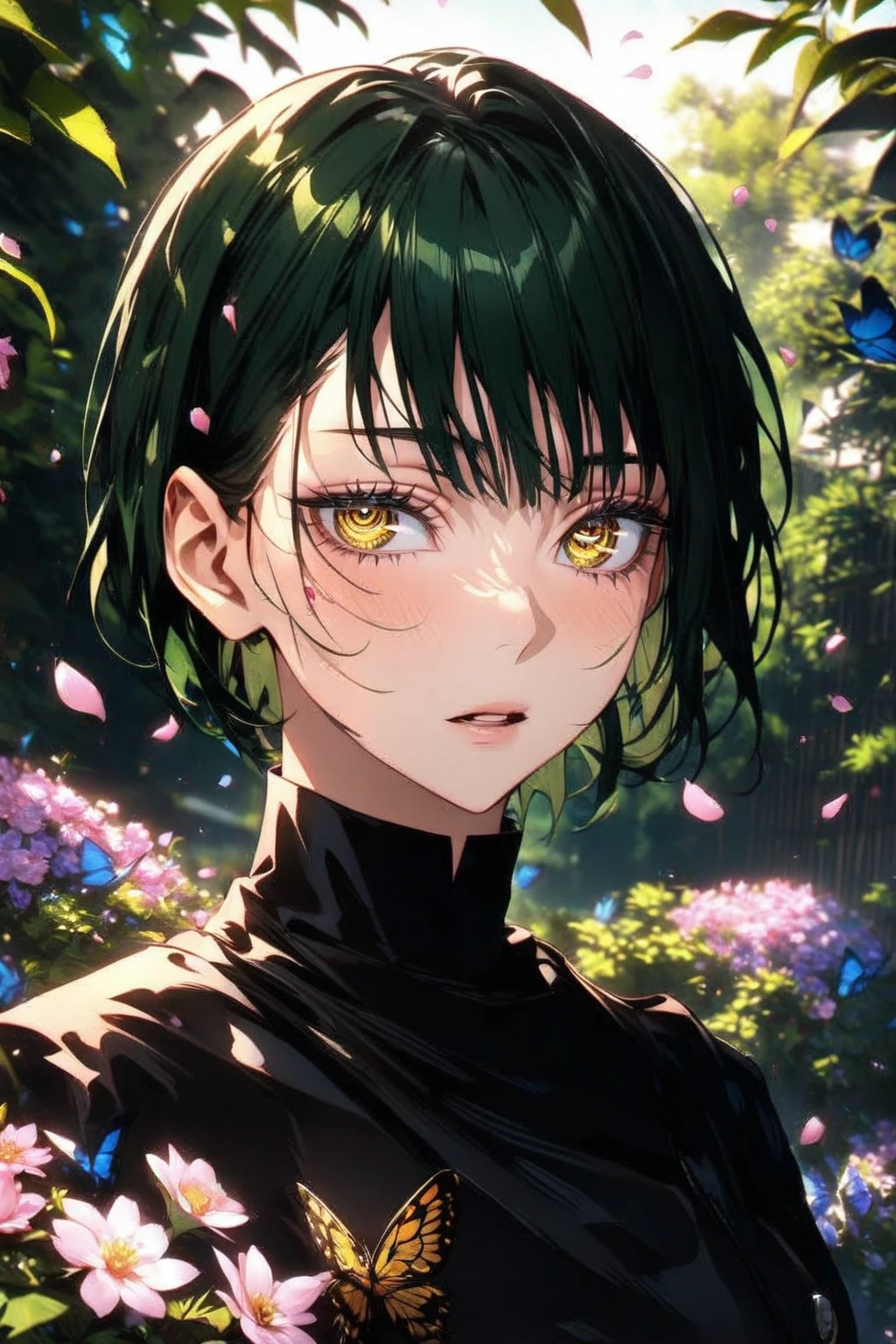 absurdres, highres, ultra detailed, HDR, master piece, Zenin Maki, green hair, expressive yellow eyes, short hair, woman, best quality, Jujutsu Kaisen, solo, sensual, extremely beautiful, petals, black clothes, detailed face, glittering eyes, detailed eyes, garden, accessories, blue butterflies, pink flowers, petals