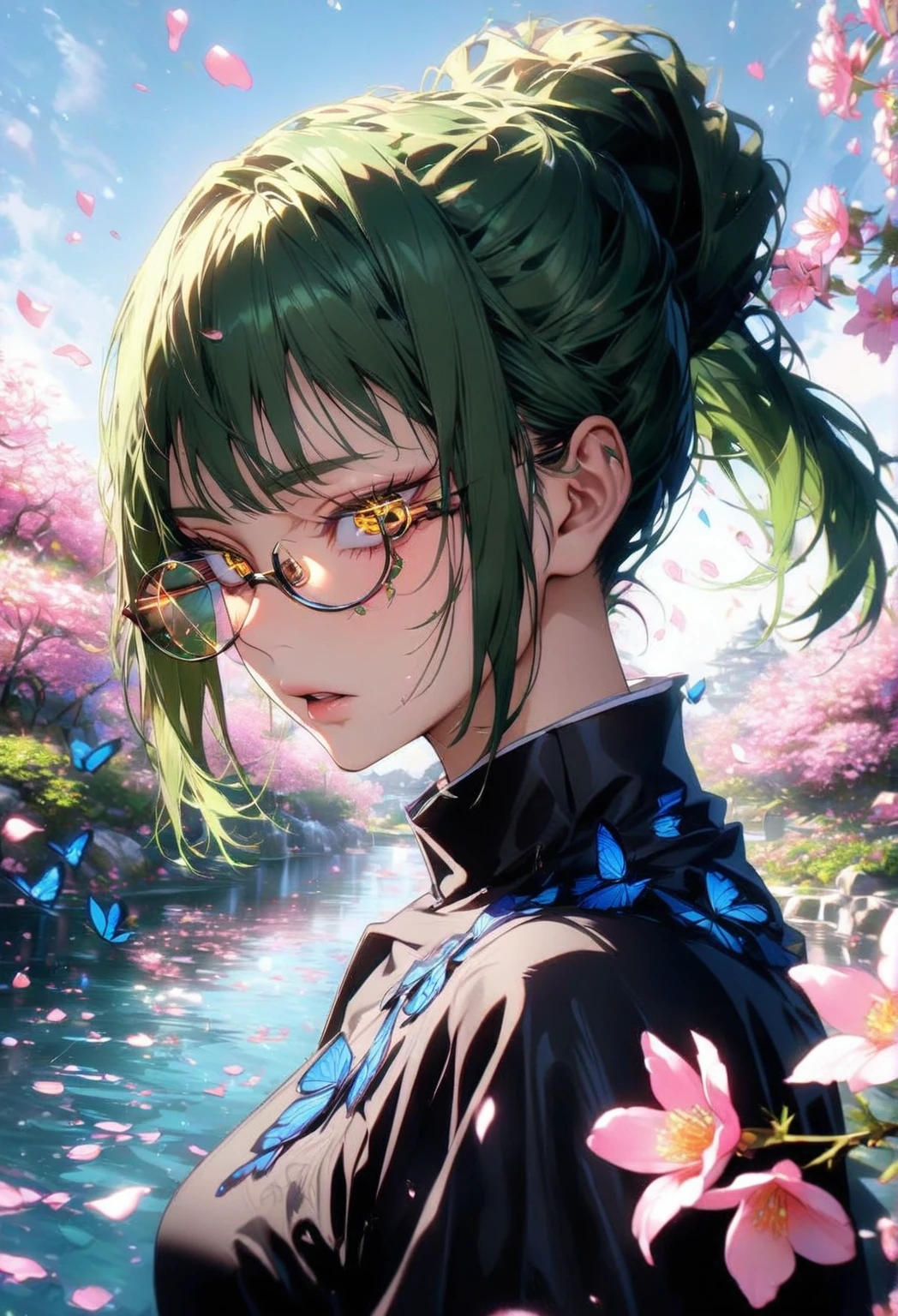 absurdres, highres, ultra detailed, HDR, master piece, Zenin Maki, green hair, expressive yellow eyes, rectangular glasses, woman, best quality, Jujutsu Kaisen, solo, sensual, extremely beautiful, petals, black clothes, detailed face, glittering eyes, detailed eyes, garden, accessories, blue butterflies, pink flowers, petals, waterfall