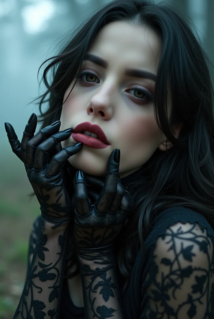 under pale moonlight insane detail, insane cinematic morbid of a goth , her lace gloves black with patterns, caressing her lips tracing along her face, her hair beckoning to flow cascading her touch is soft delicate and elegantly sensual, her eyes glistening under the pale moon
