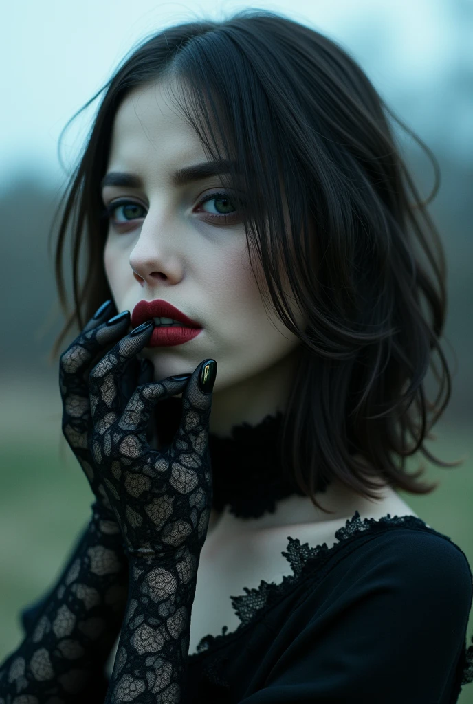 under pale moonlight insane detail, insane cinematic morbid of a goth , her lace gloves black with patterns, caressing her lips tracing along her face, her hair beckoning to flow cascading her touch is soft delicate and elegantly sensual, her eyes glistening under the pale moon
