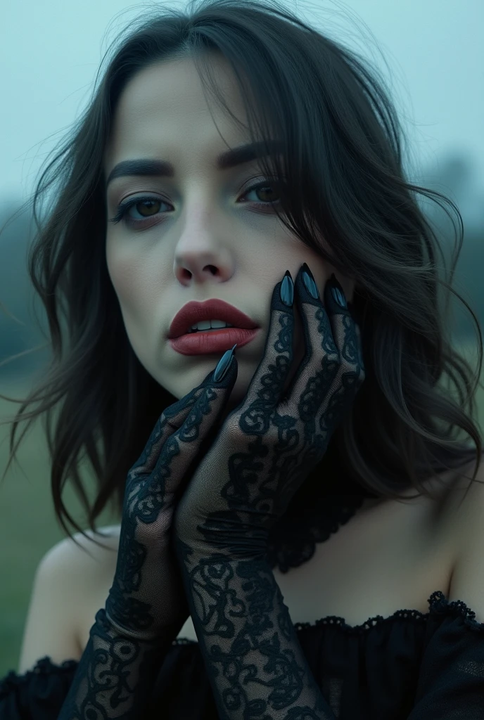 under pale moonlight insane detail, insane cinematic morbid of a goth , her lace gloves black with patterns, caressing her lips tracing along her face, her hair beckoning to flow cascading her touch is soft delicate and elegantly sensual, her eyes glistening under the pale moon
