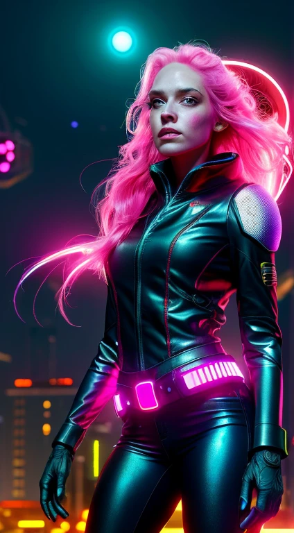 a beautiful young woman with long pink hair, detailed facial features, wearing black clothes with LED lights, floating in a night sky with a galaxy background, a flying saucer in the distance, neon lights illuminating the scene, (best quality,4k,8k,highres,masterpiece:1.2),ultra-detailed,(realistic,photorealistic,photo-realistic:1.37),intricate details,dramatic lighting,cinematic,highly detailed,vibrant colors,glowing neon,sci-fi elements