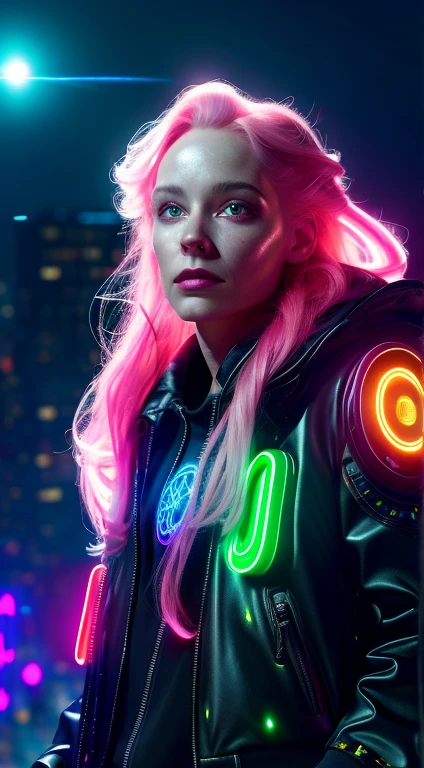 a beautiful young woman with long pink hair, detailed facial features, wearing black clothes with LED lights, floating in a night sky with a galaxy background, a flying saucer in the distance, neon lights illuminating the scene, (best quality,4k,8k,highres,masterpiece:1.2),ultra-detailed,(realistic,photorealistic,photo-realistic:1.37),intricate details,dramatic lighting,cinematic,highly detailed,vibrant colors,glowing neon,sci-fi elements