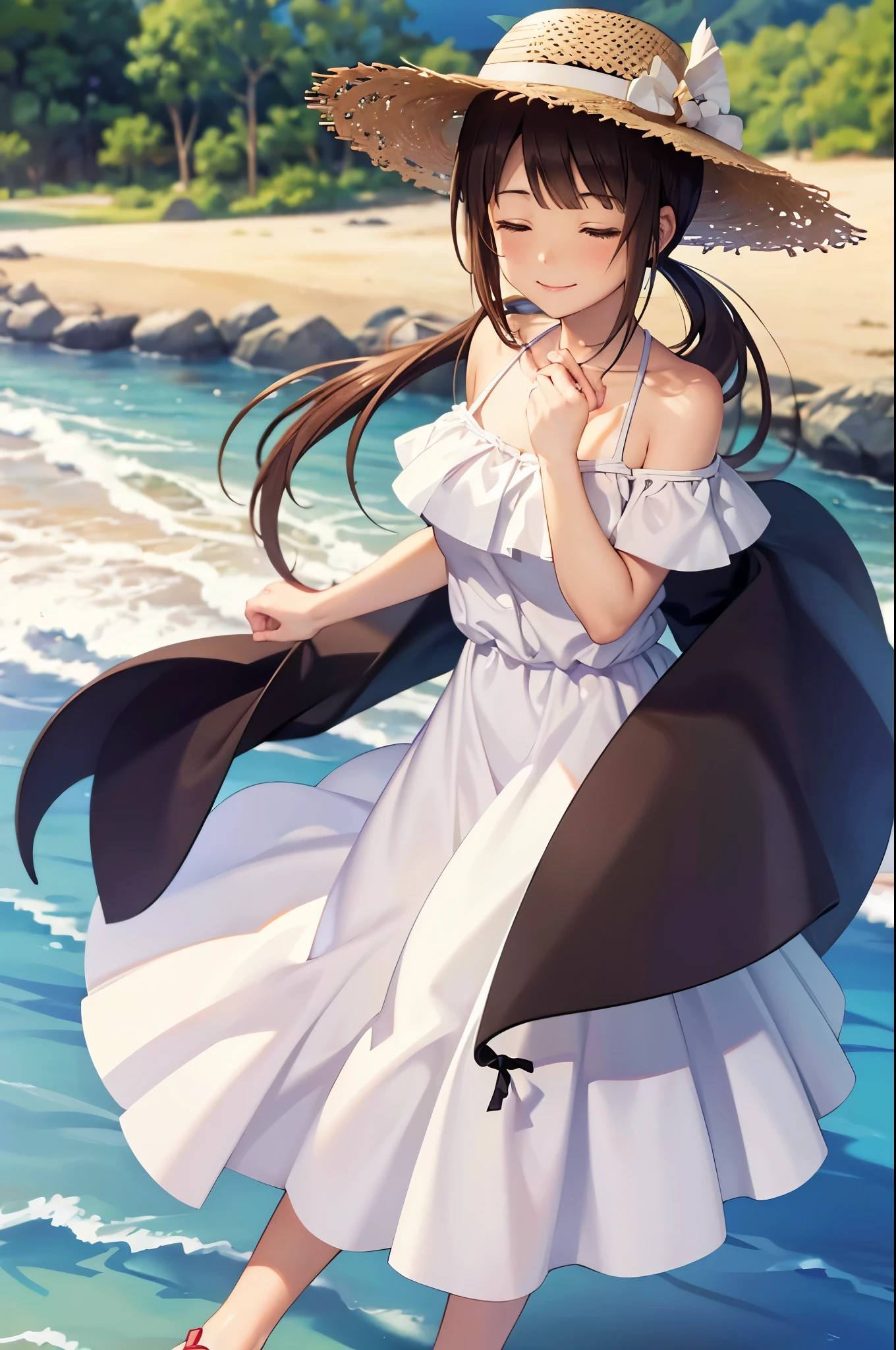 (16k,Ultra-high resolution,Best Quality,masterpiece,Very detailed,Extremely clear CG),okitasawa, low twintails,Anatomically correct body,Very detailed顔の特徴, Beautiful and perfect face:, ((Close your eyes and smile:1.3)),Summer beach in the evening,Straw hat,White off-the-shoulder dress,Black long skirt,flip flops,Walking on the beach