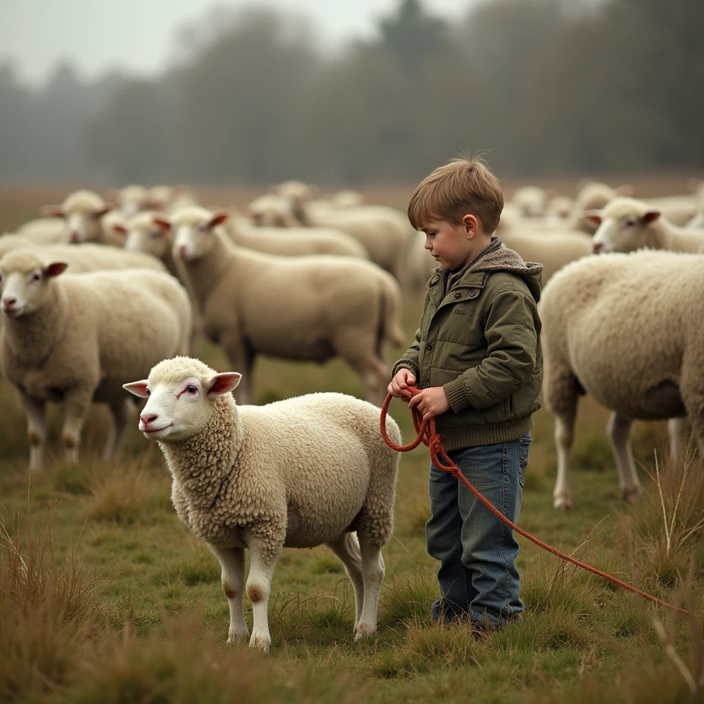 a boy with red hair with his hair shaved on the sides and long on top watching the sheep on a cold afternoon, in the city of bethlehem
