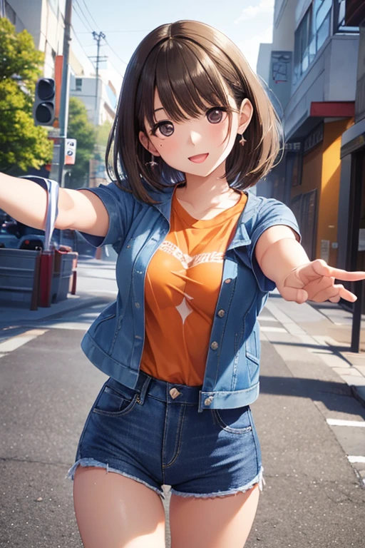 sunlight, Sunlight, (Perfect body: 1.1), (Short Wavy Hair: 1.2), Auburn hair, full-body shot, Crowded streets, Wearing a white vest, ((shorts)), (Extremely detailed CG 8k wallpaper), (Extremely refined), (masterpiece), (best quality: 1.0), (ultra-high resolution: 1.0), Beautiful Lights, Perfect Lightning, Realistic shadows, [high resolution], Delicate skin, Extremely detailed, Charming smile,Huge breasts