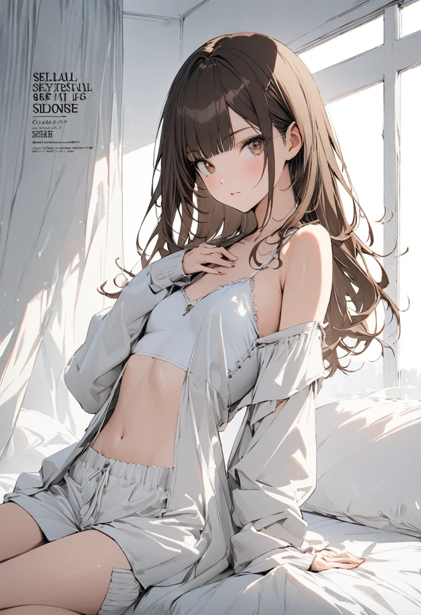 cover of a fashion magazine,(1 girl,slim,Small breasts,Long brown straight hair,Side bangs,slope_eye),(loose socks),conceptual Art, masterpiece, Super detailed, Attention to detail, High image quality,highest quality, High resolution,sexy lovely posing,in bed,perfect anatomy