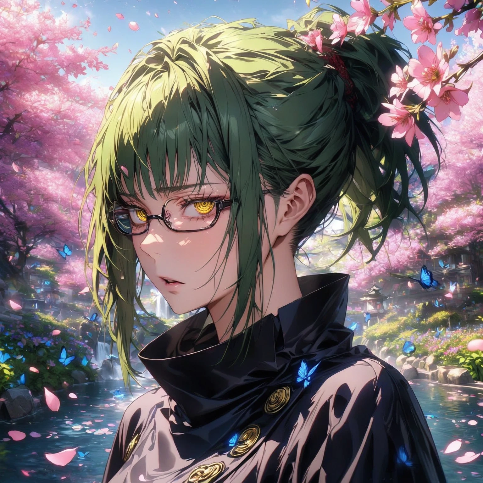 absurdres, highres, ultra detailed, HDR, master piece, Zenin Maki, green hair, expressive yellow eyes, rectangular glasses, woman, best quality, Jujutsu Kaisen, solo, sensual, extremely beautiful, petals, black clothes, detailed face, glittering eyes, detailed eyes, garden, accessories, blue butterflies, pink flowers, petals, waterfall