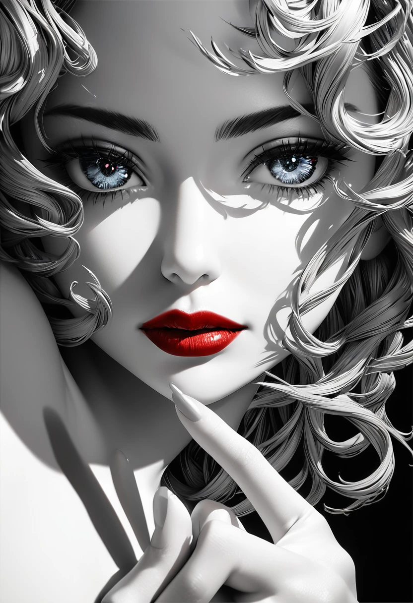 monochrome, Pencil Art, Cool Beauty, A bored look and gestures, Attractive eyes, Sexy red lips, Portrait, Interrupted Delicate dynamic texture, Light and shadow contrast, 3D Rendering, Artistic photography, Ultra-realistic, Digital Graphic CG, Interruption super detailed, Absolute Resolution, Please redeem