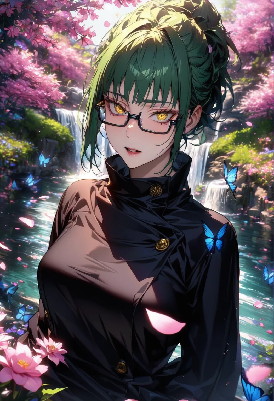 absurdres, highres, ultra detailed, HDR, master piece, Zenin Maki, green hair, expressive yellow eyes, rectangular glasses, woman, best quality, Jujutsu Kaisen, solo, sensual, extremely beautiful, petals, black clothes, detailed face, glittering eyes, detailed eyes, garden, accessories, blue butterflies, pink flowers, petals, waterfall