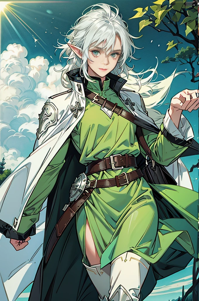 A jovial, muscular adult woman, wearing light green leather clothing, with a full adventurer set with a cape, heavy bag and a leather armor. She has long clear white  hair styled, with The sun shining in her hair. . Small breasts, Flat. Her gaze is happy, dinamic, with an air of friendship. She is a elf ranger with long point ears, eyes like silver. Shes walking in the woods with one daggers in each hand. Its dawn, and The sun is enveloped with clouds, with a cold color as cinematic effect. 