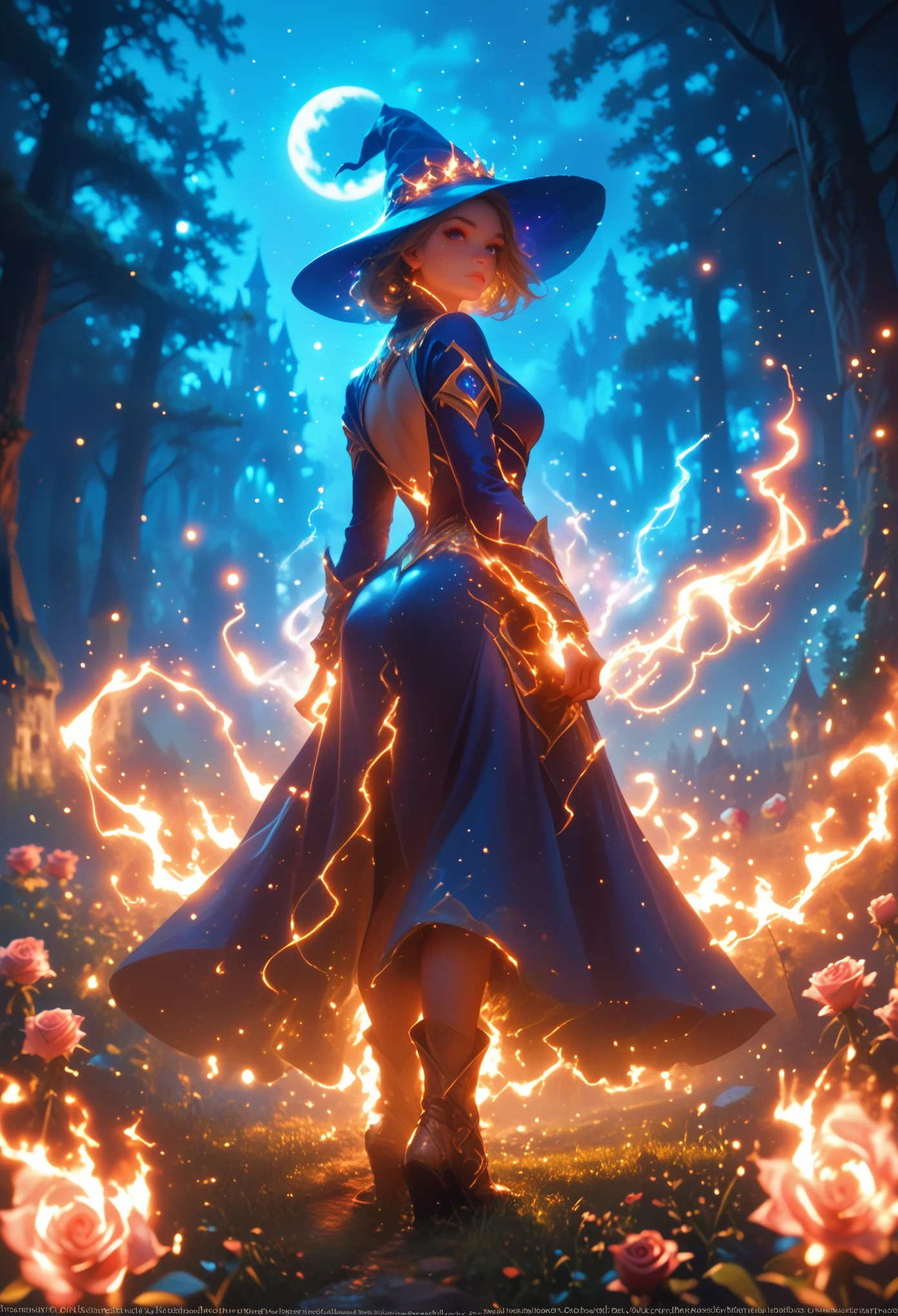 young woman, full height, mature, Ideal anatomy, Magic Outfit, imbued with the Magic of Electricity, Hair Sparkles With Stardust, There is Light Makeup, Color Explosion, bright colors, masterpiece, Forest Background, near the Castle where the Lights Burn in the Windows, The Moon is Bright and the Lights are Twinkling, Roses Flow Down the River, magic, fantasy, Beyond Detail, maximum quality, hkmagic, 8 k, wallpaper, Game of Shadows, Shine,