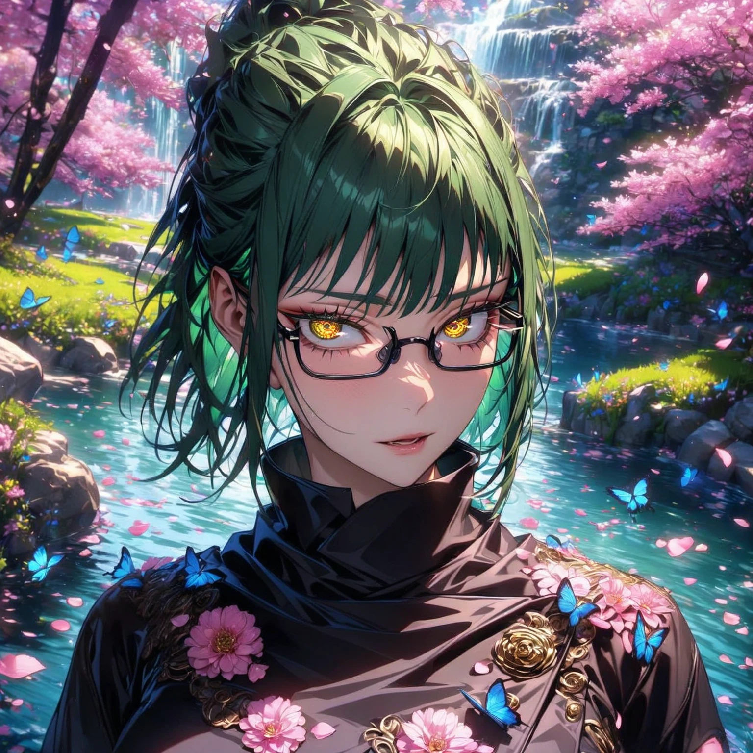 absurdres, highres, ultra detailed, HDR, master piece, Zenin Maki, green hair, expressive yellow eyes, rectangular glasses, woman, best quality, Jujutsu Kaisen, solo, sensual, extremely beautiful, petals, black clothes, detailed face, glittering eyes, detailed eyes, garden, accessories, blue butterflies, pink flowers, petals, waterfall