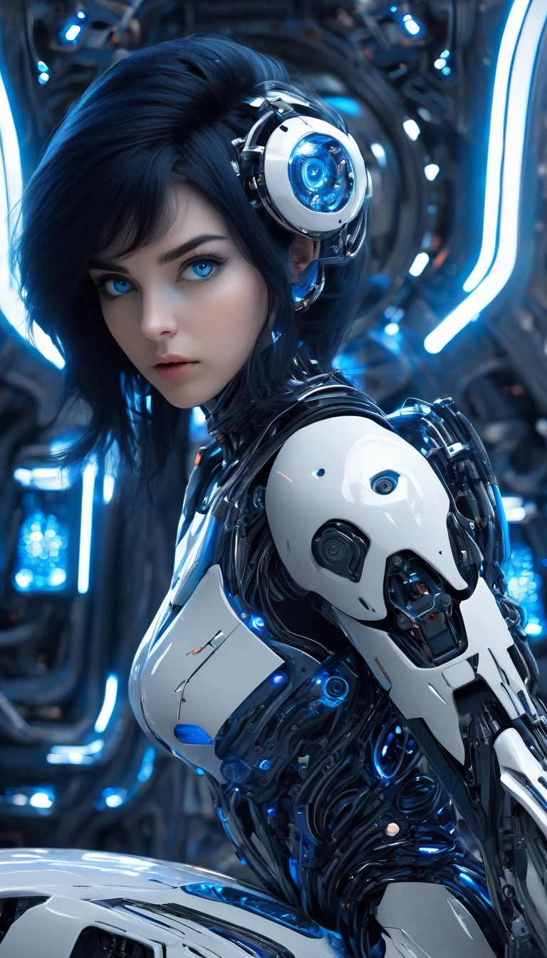 woman, Mechanical Blue Body ，Best Quality, masterpiece, 8k,Futuristic spaceship interior，サイバーブルースーツを着たwoman，Black Hair，blue eyes，Shortcuts, Best Quality, High resolution, , blue eyes, 