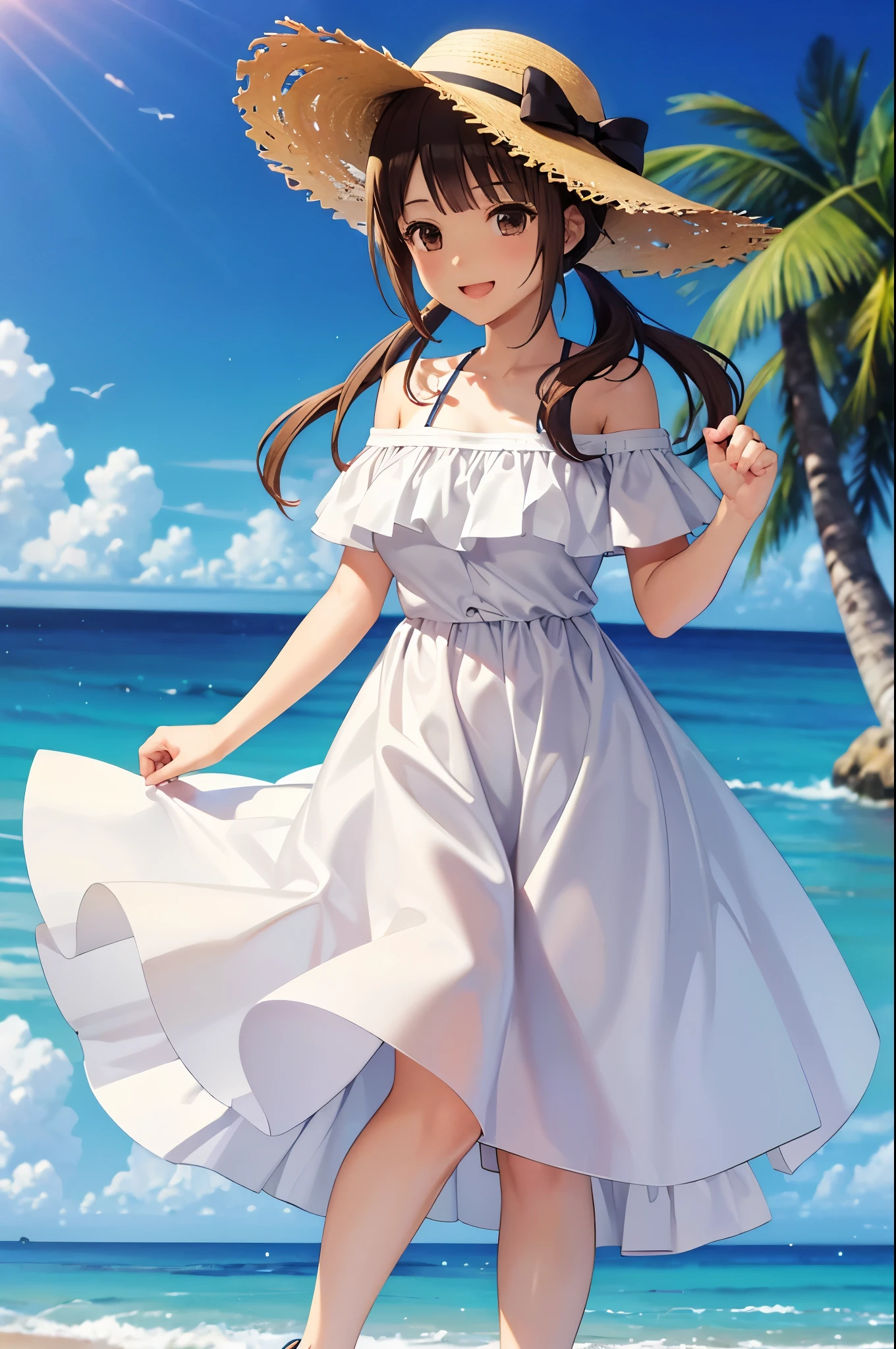 (16k,Ultra-high resolution,Best Quality,masterpiece,Very detailed,Extremely clear CG),okitasawa, low twintails,Anatomically correct body,Very detailed顔の特徴, Beautiful and perfect face:, ((Open your mouth and say happy smile:1.3)),Summer beach in the evening,Straw hat,White off-the-shoulder dress,Black long skirt,flip flops,Walking on the beach,Open your mouth,Realistic sea