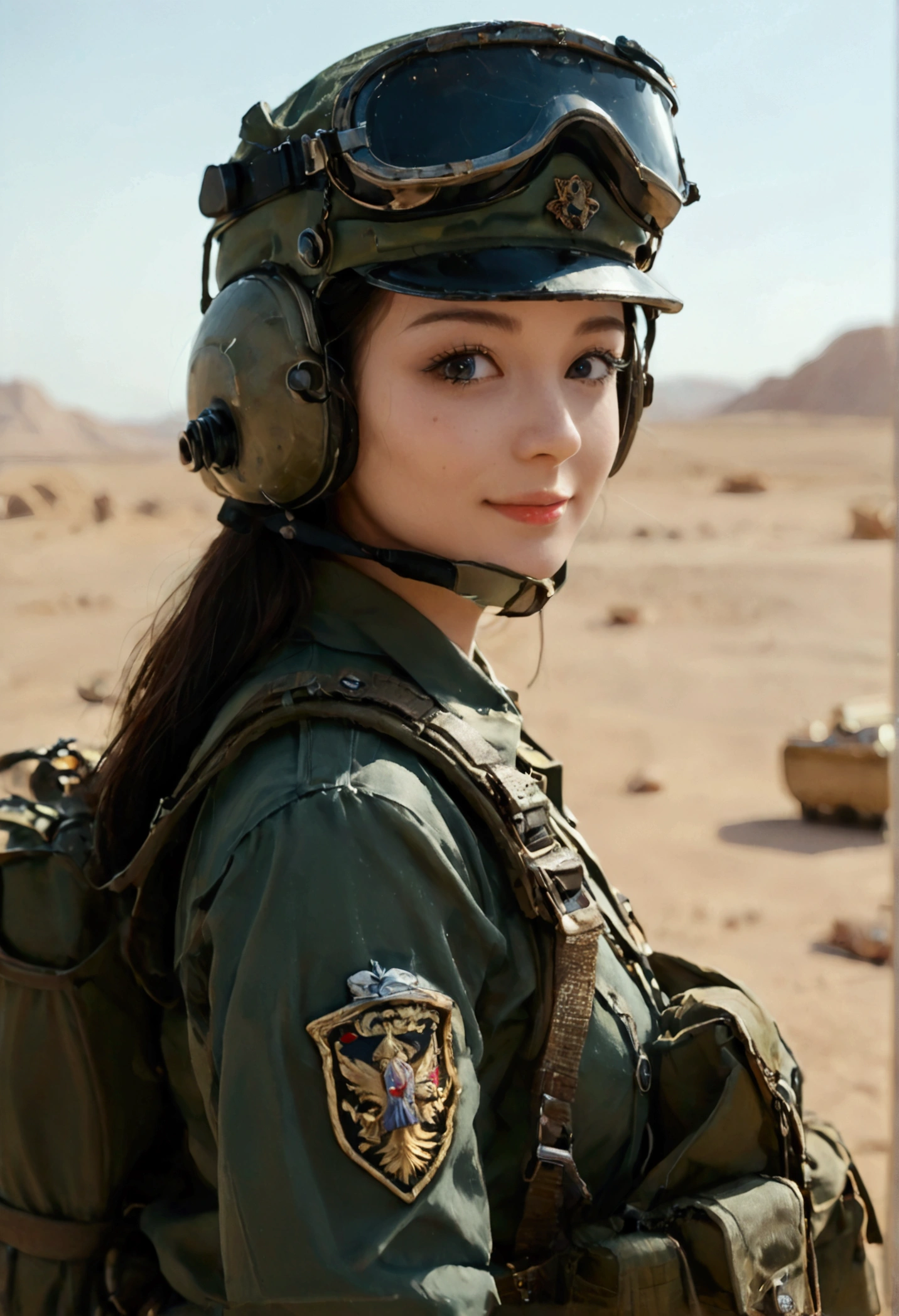 score_9, score_8_up, score_7_up, 8k, best quality,high resolution，High-resolution details， Extremely detailed:1.37), Aliana, 1, A beautiful Korean girl, Smiling gently at the camera，Wearing the uniform with pride, （full-body shot）Representing her role as a soldier. She&#39;s wearing a sexy military uniform. high resolution image capture ultra-fine realistic feel, highlighting Aliana's determined expression, Sharp eyes, and a confident attitude. Military helicopter in the desert in the background, Adds authenticity and meaning to the image. This visually striking representation showcases Aliana's strength and dedication as a soldier.