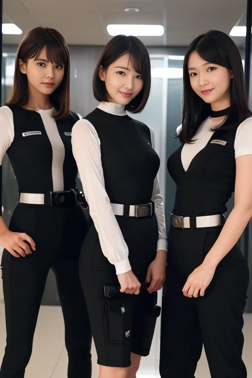 High image quality、detailed、Secret Underground Base、Dimly lit room、Slender women、Three Women、Standing side by side、Looking straight ahead、Beautiful body、Beautiful Face、evil smile、Black Short Hair、A black leotard underneath a thin bodysuit、Security Uniform、security guard、