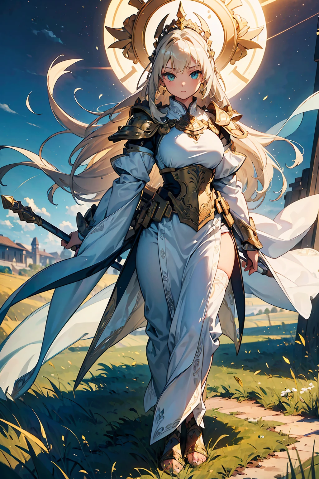 (((masterpiece, best quality, high detailed, 16k))) (1girl) A calm and composed female warrior with long, flowing blonde hair and piercing green eyes. Her armor is light and elegant, made of silver and white, with intricate patterns resembling the harvest and purity. She carries a long spear, its tip glowing with a soft, divine light. She stands in a peaceful meadow, surrounded by wheat fields, her aura of serenity undisturbed.

((full body front view)), (extremely detailed:1.5)
