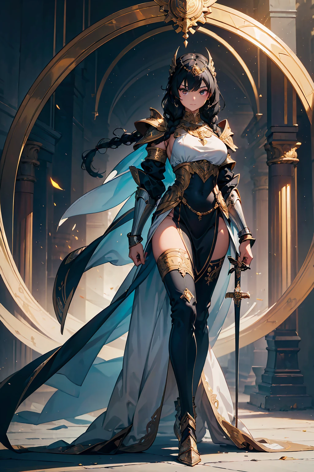 {{masterpiece}}, best quality,extremely detailed CG unity 8k wallpaper,cinematic lighting, Snapchat selfie,((One girl)), (solo),goddness,beautiful detail eyes,beautiful detail sky,demure,honourable,facial features, Smile,full body,medium breasts,Knight helmet,Medieval armor,armed with long spear,highers,long bloud hair,wavr hair,temple background,
